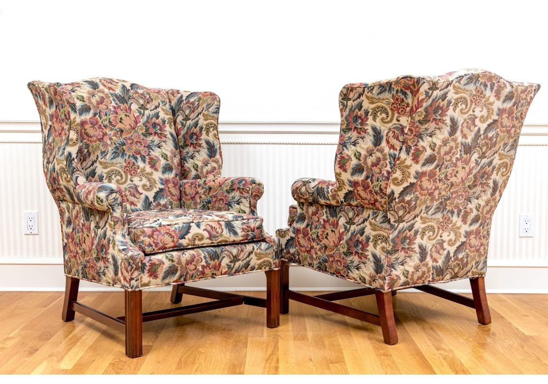 American Pair Of Kindel Chippendale Style Upholstered Wing Chairs For Sale