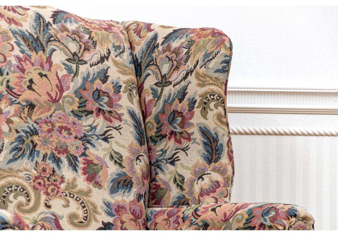 Pair Of Kindel Chippendale Style Upholstered Wing Chairs In Fair Condition For Sale In Bridgeport, CT