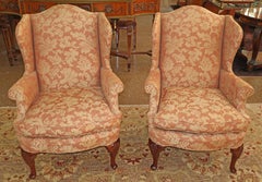 Pair of Kindel Mahogany Queen Anne Style Club Fireside Wing Chairs Damask Fabric