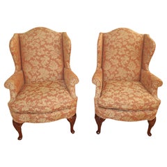 Pair of Kindel Mahogany Queen Anne Style Club Fireside Wing Chairs Damask Fabric