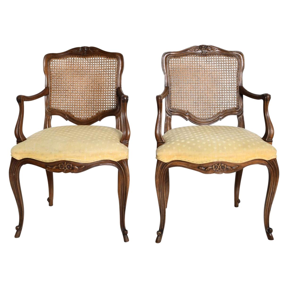 1960s USA Pair of Regency Armchairs by Kindel Furniture of Grand Rapids Michigan
Refined appearance. Lovely hand carved wood. Original golden yellow silk upholstery. Woven Cane back.
Chair retains original label.
34.5 H x 21D x 21 W x 19.5 Seat