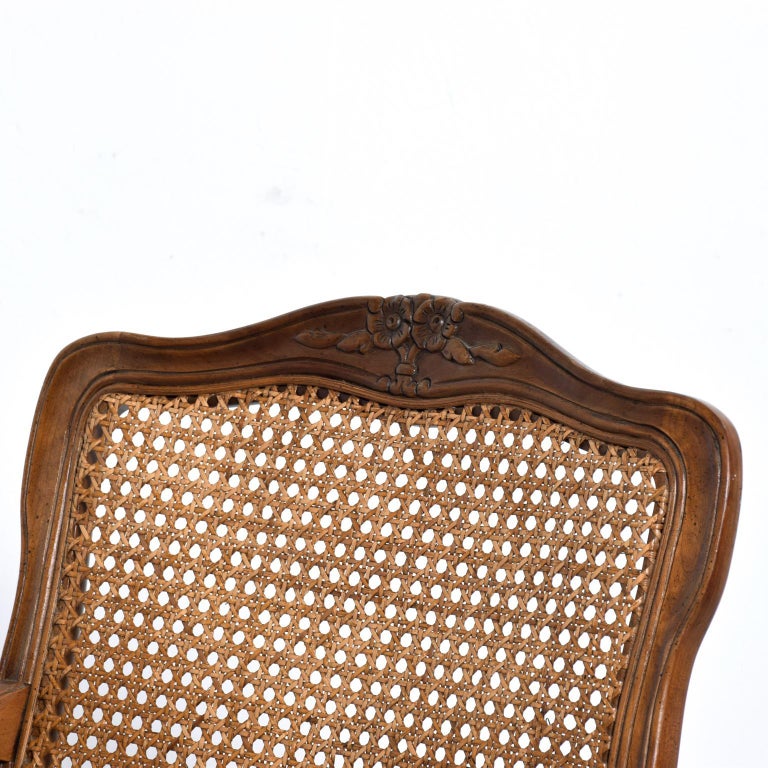 American Kindel Regency Silk Arm Chairs Carved Wood Woven Cane  1960s Grand Rapids MI For Sale