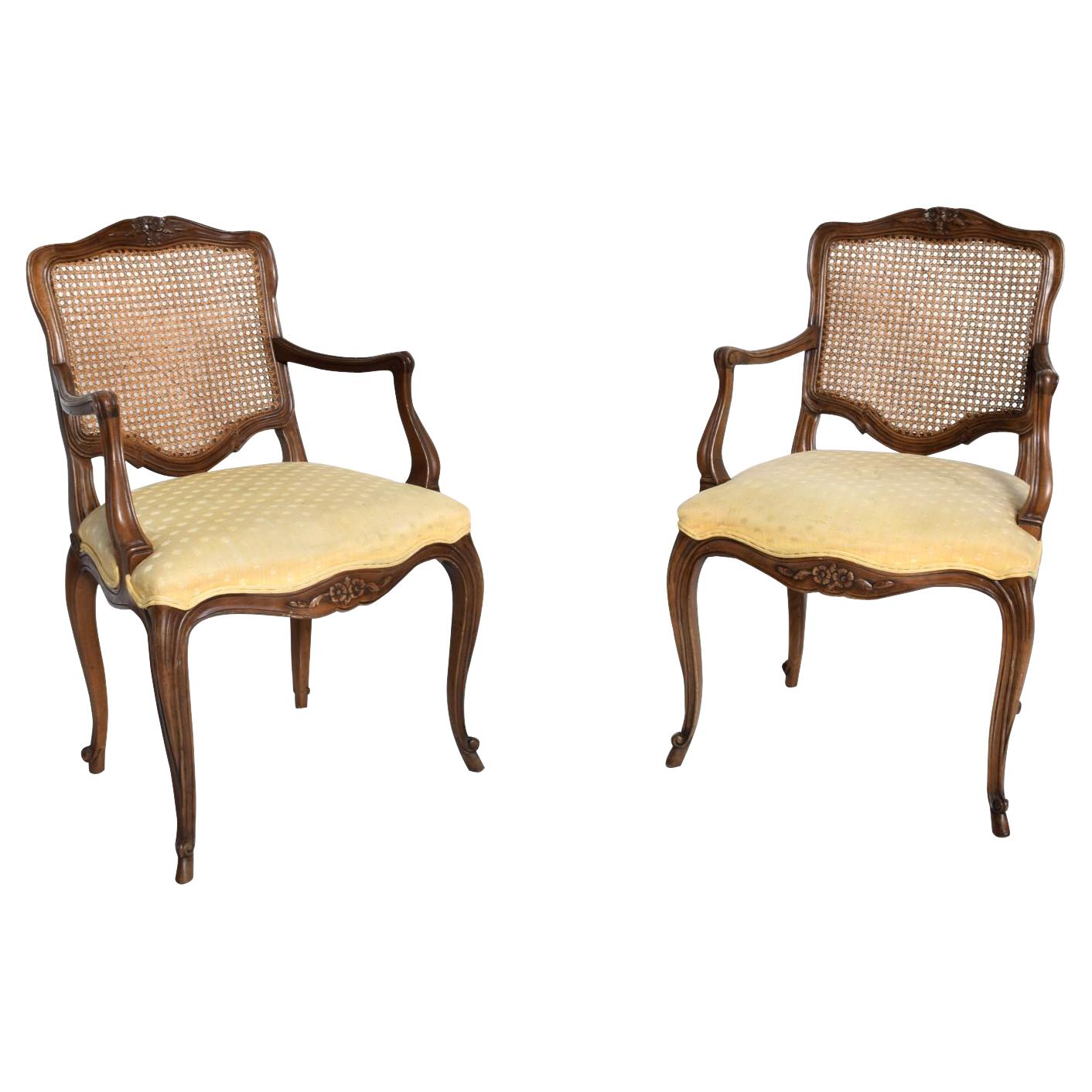 1960s Pair of Silk Armchairs Carved Wood Cane Back Kindel of Grand Rapids MI