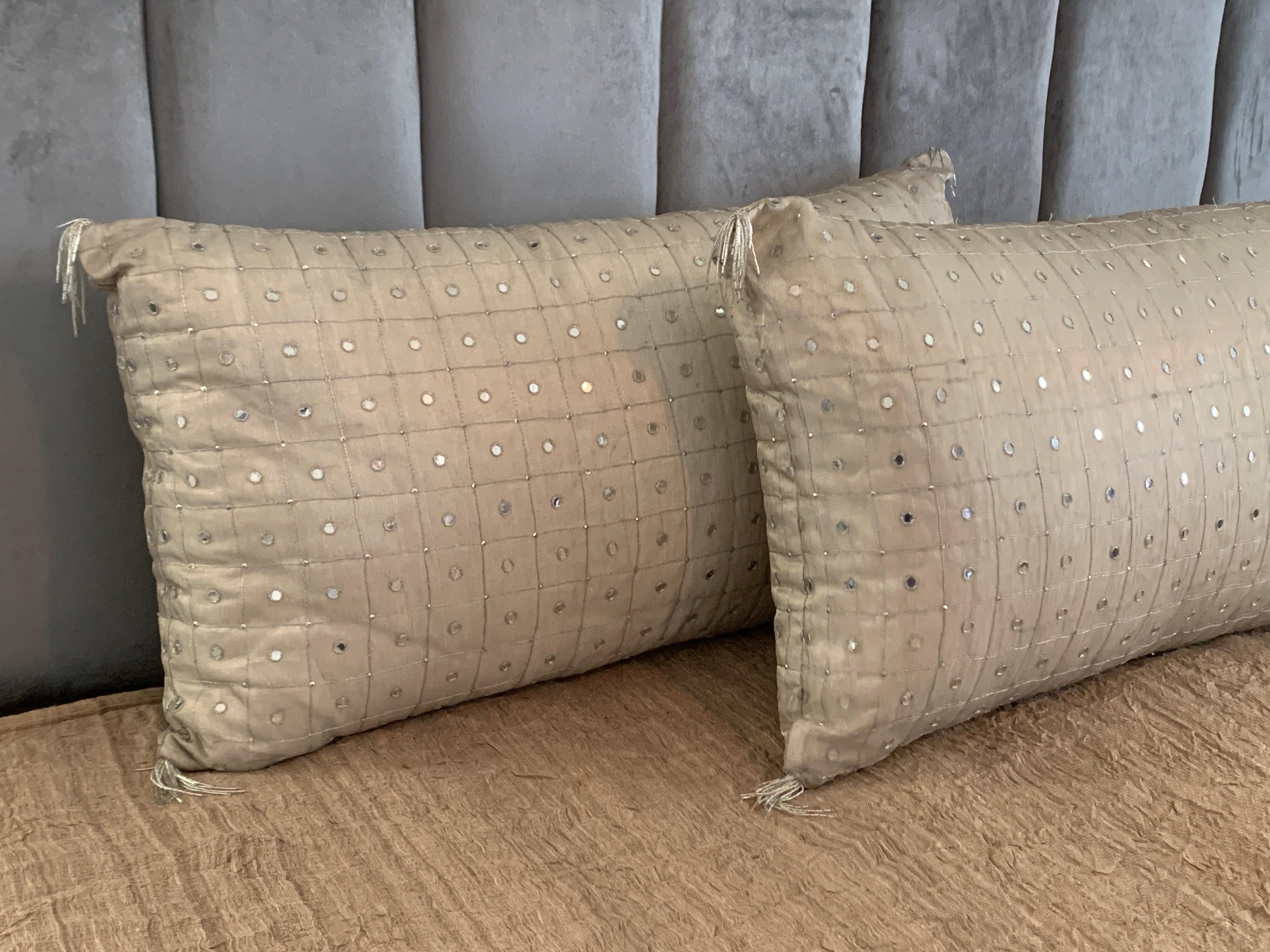 Modern Pair of King Silver Beaded & Embroidered King Size Pillows from Luxe Bedding Set For Sale
