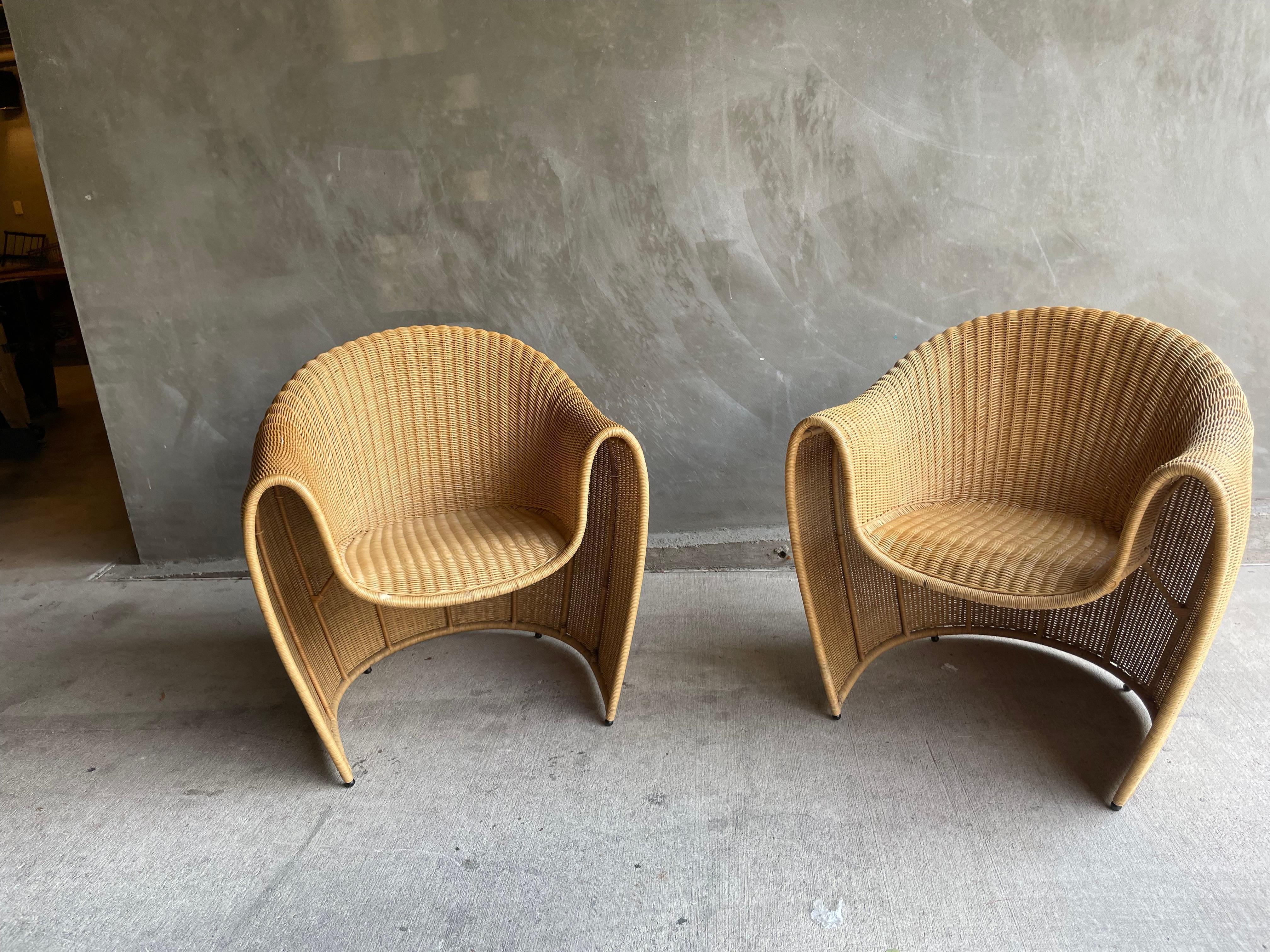 Mid-Century Modern Pair of King Tubby Wicker Chairs, Italy, 1990's