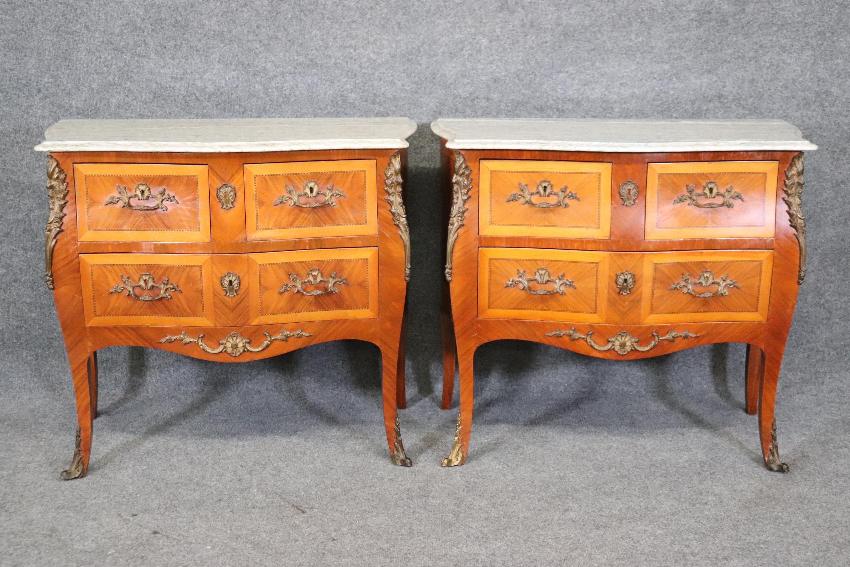 Mid-20th Century Pair of Kingwood and satinwood Marble Top French Louis XV Commodes  For Sale