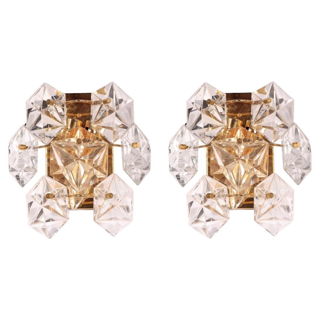 Pair of Kinkeldey Faceted Crystal and Brass Sconces For Sale