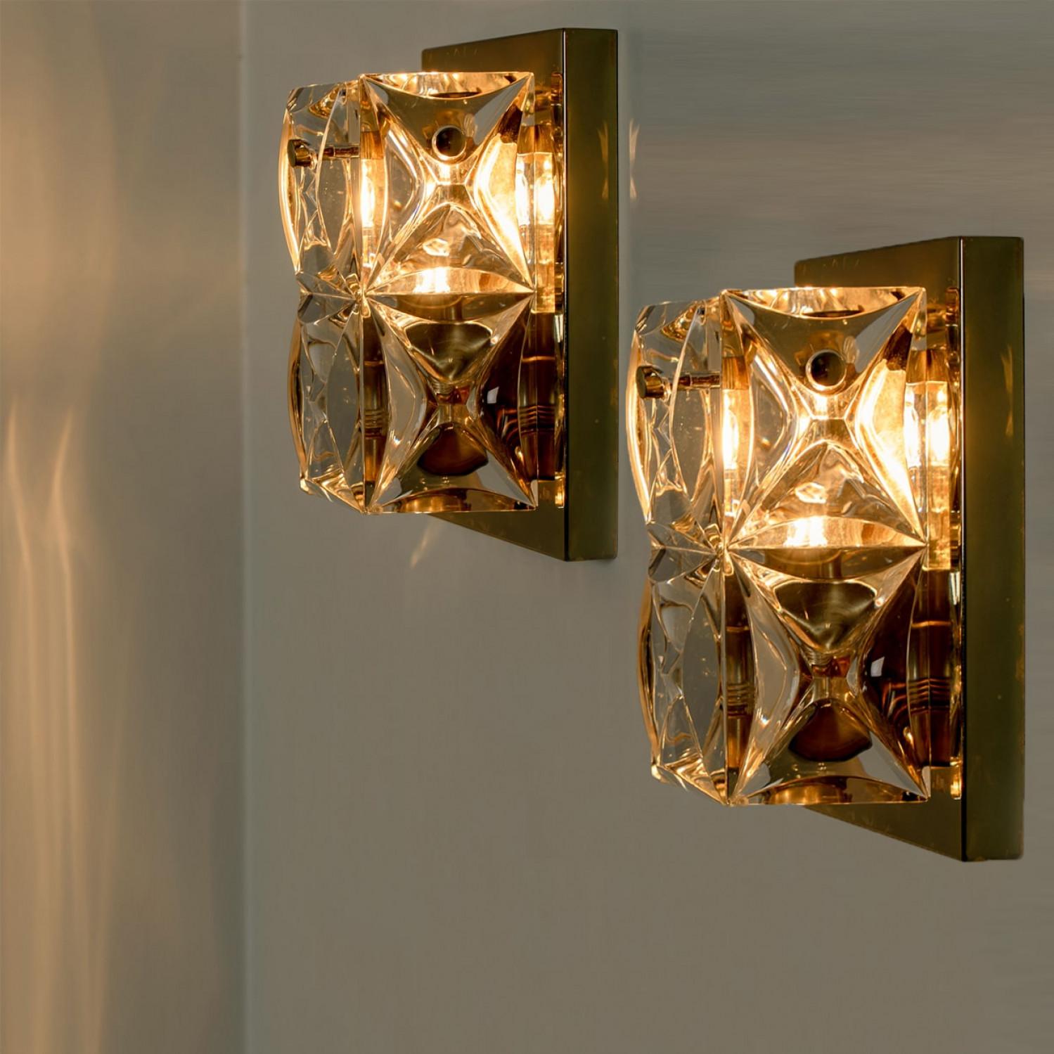 Brass Pair of Kinkeldey Wall Light Fixtures, Crystal Glass, 1970 For Sale
