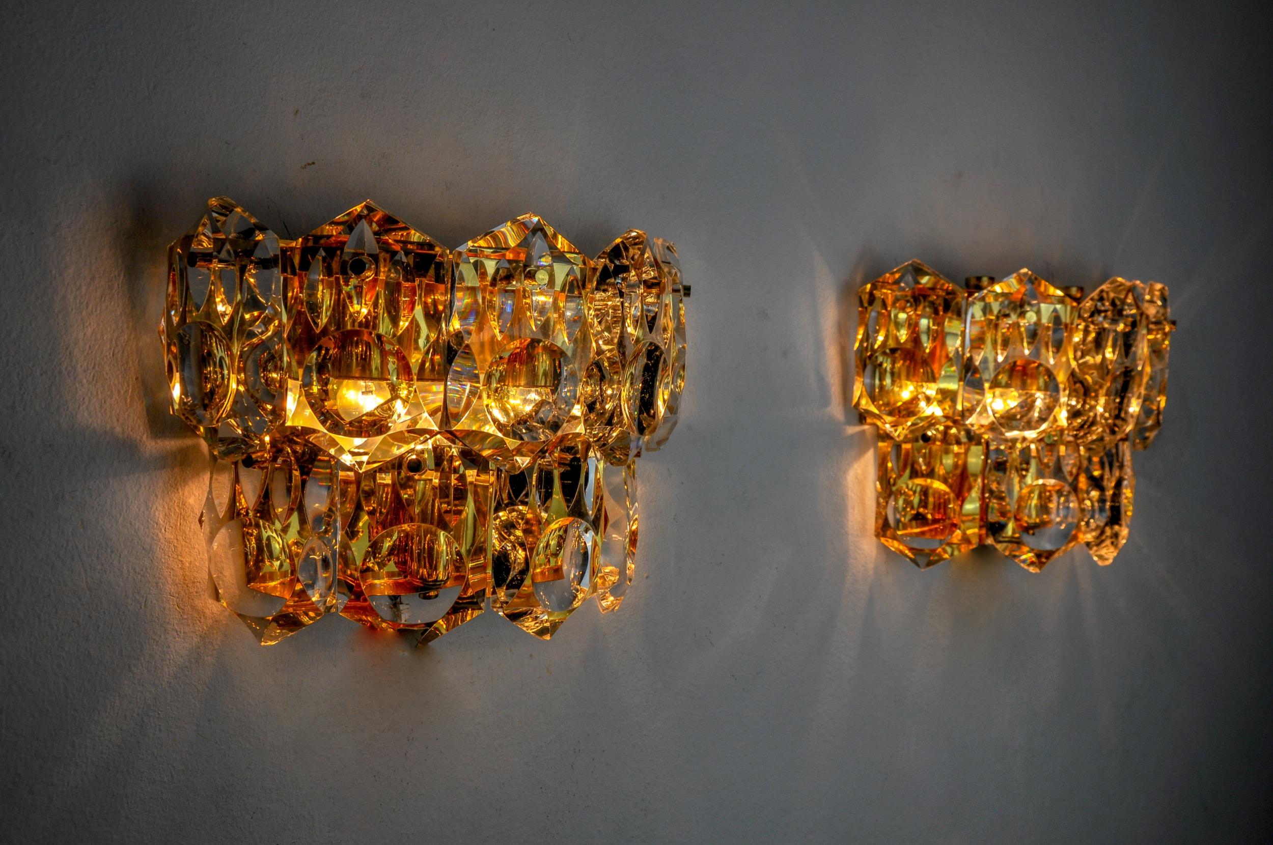 Crystal Pair of kinkeldey wall lights, 2 levels, German cut crystals, 1970 For Sale