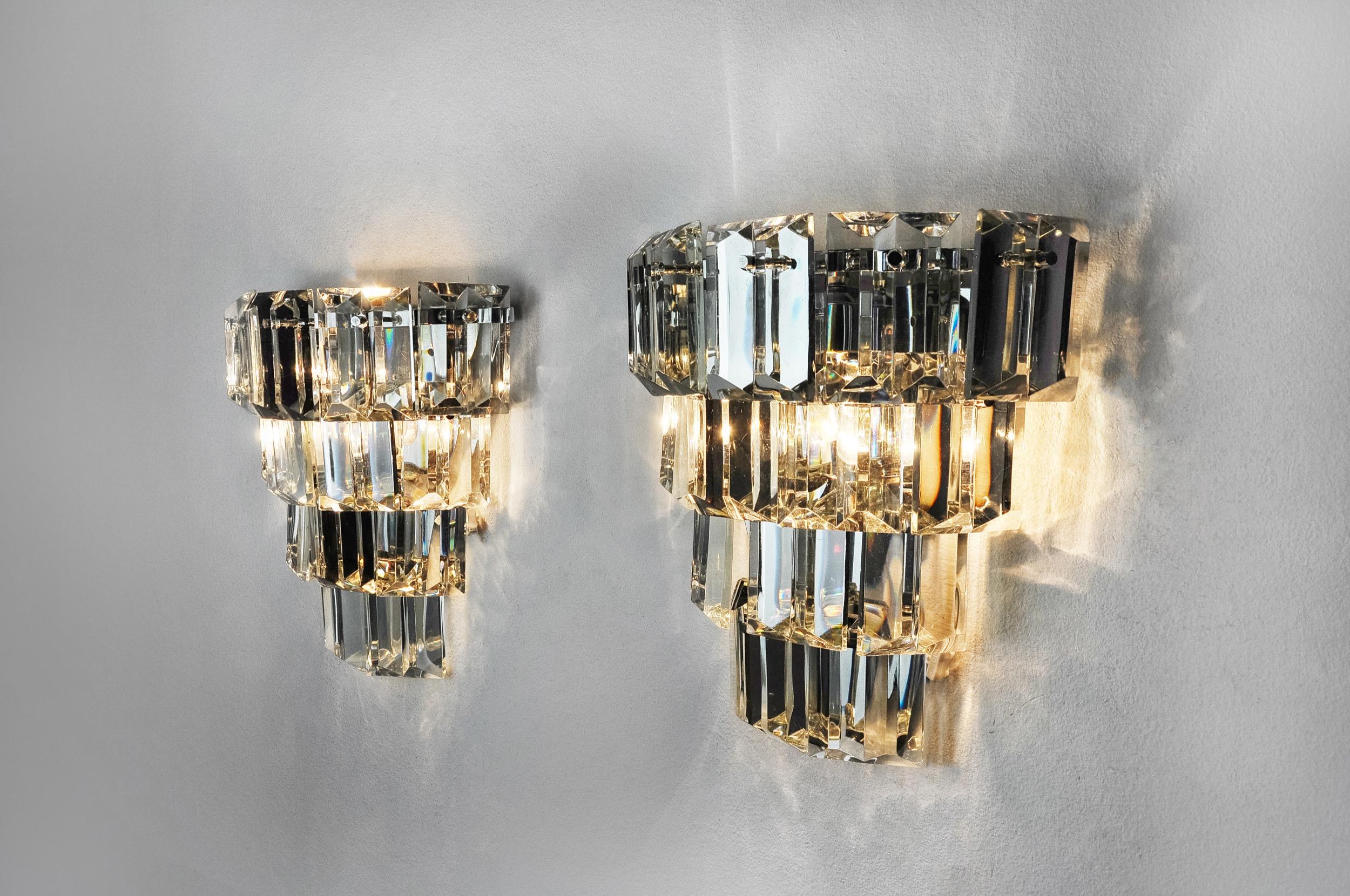 Hollywood Regency Pair of kinkeldey wall lights, 4 levels, German cut crystals, 1970 For Sale