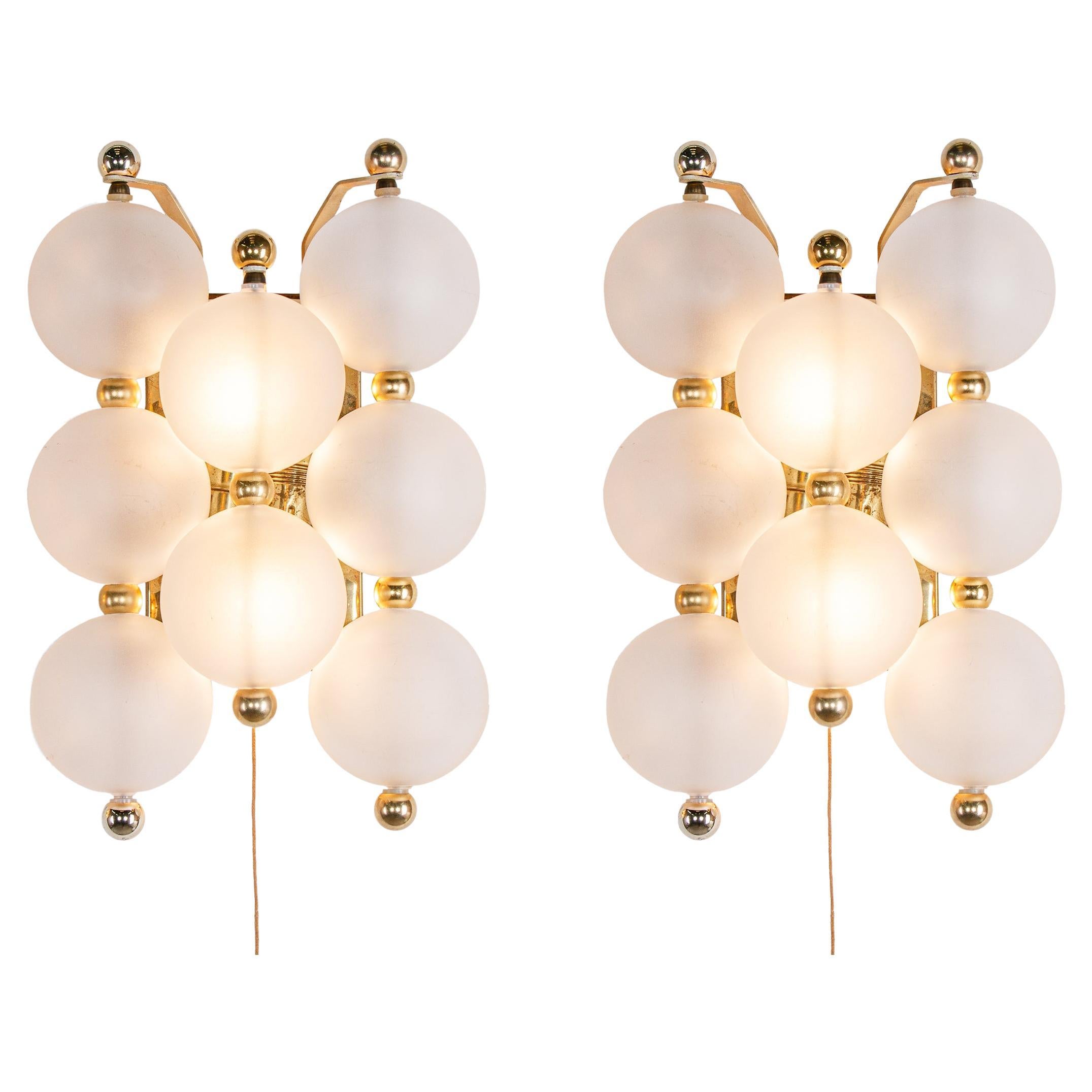 Pair of Kinkeldey Wall Sconces Frosted Glass Balls & Brass, Germany 1960s For Sale