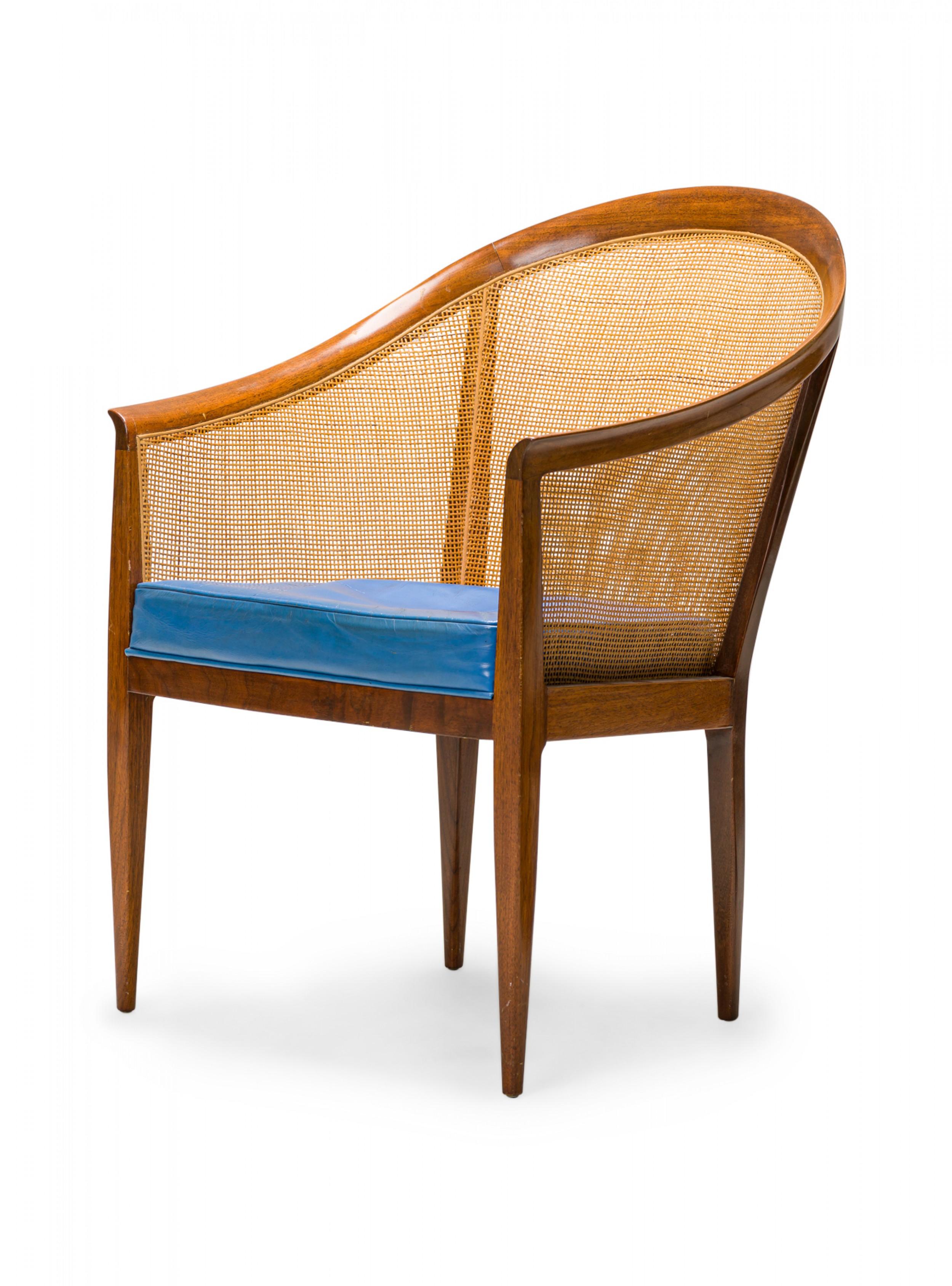 Mid-Century Modern Pair of Kipp Stewart for Directional Walnut, Cane, and Blue Leather Chairs For Sale