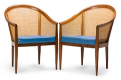 Pair of Kipp Stewart for Directional Walnut, Cane, and Blue Leather Chairs