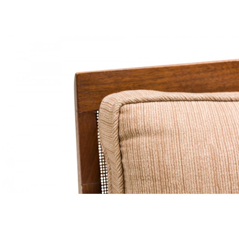 Fabric Pair of Kipp Stewart for Directional Walnut, Cane Upholstered Lounge Chairs