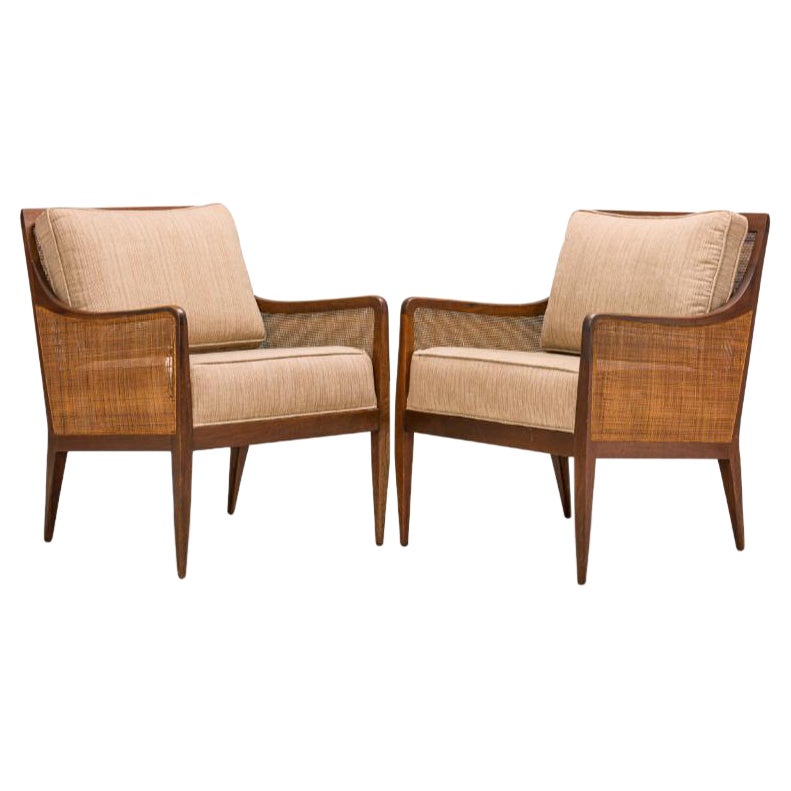 Pair of Kipp Stewart for Directional Walnut, Cane Upholstered Lounge Chairs