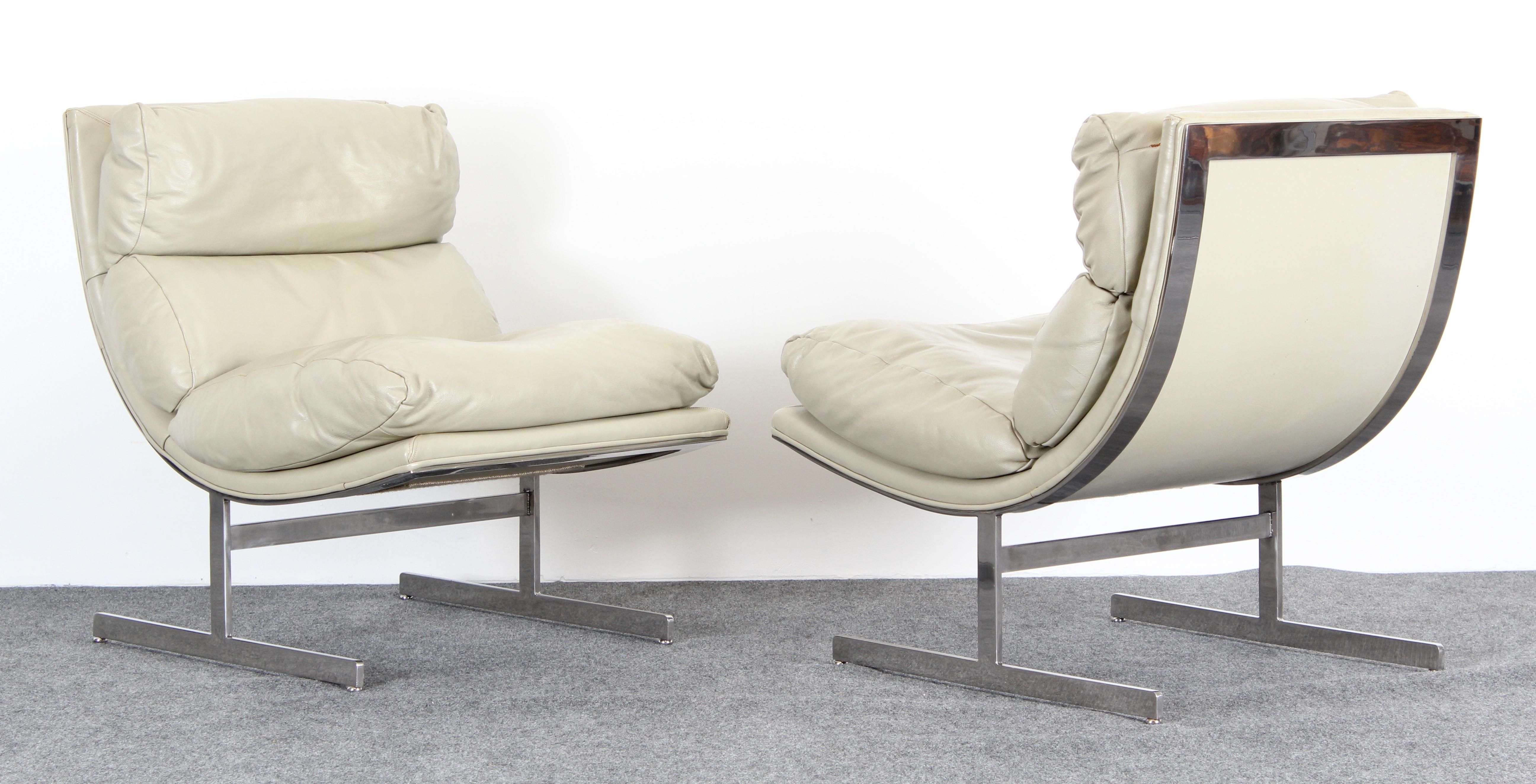 A modern pair of Kipp Stewart stainless steel lounge chairs for Directional. These chairs are covered in leather, however, new upholstery necessary, as shown in images. Stainless Steel is in excellent condition.

Dimensions: 33