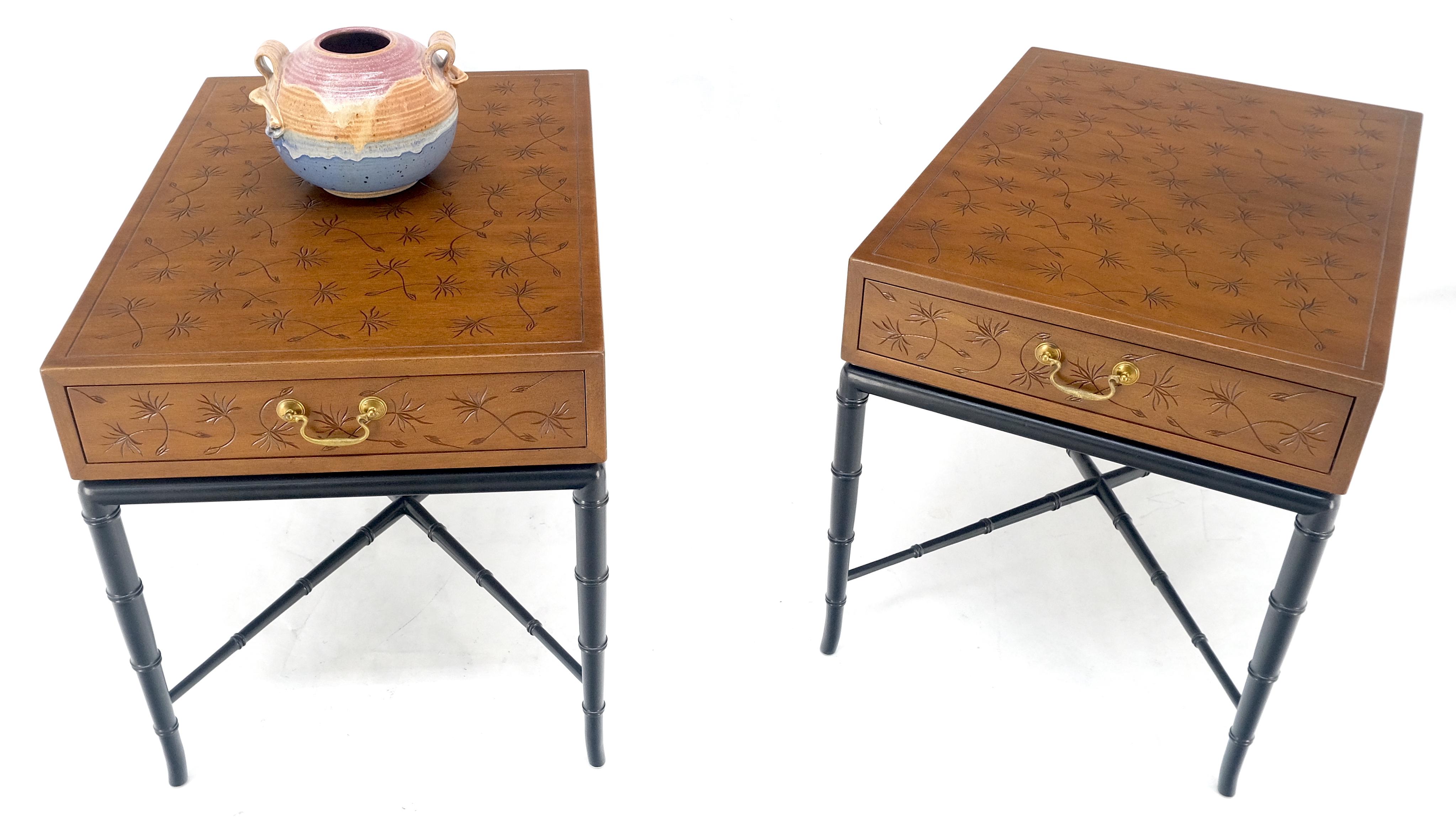 Pair of Kittinger Faux Bamboo Tapered Horn Shape Legs One Drawer End Tables MINT For Sale 6