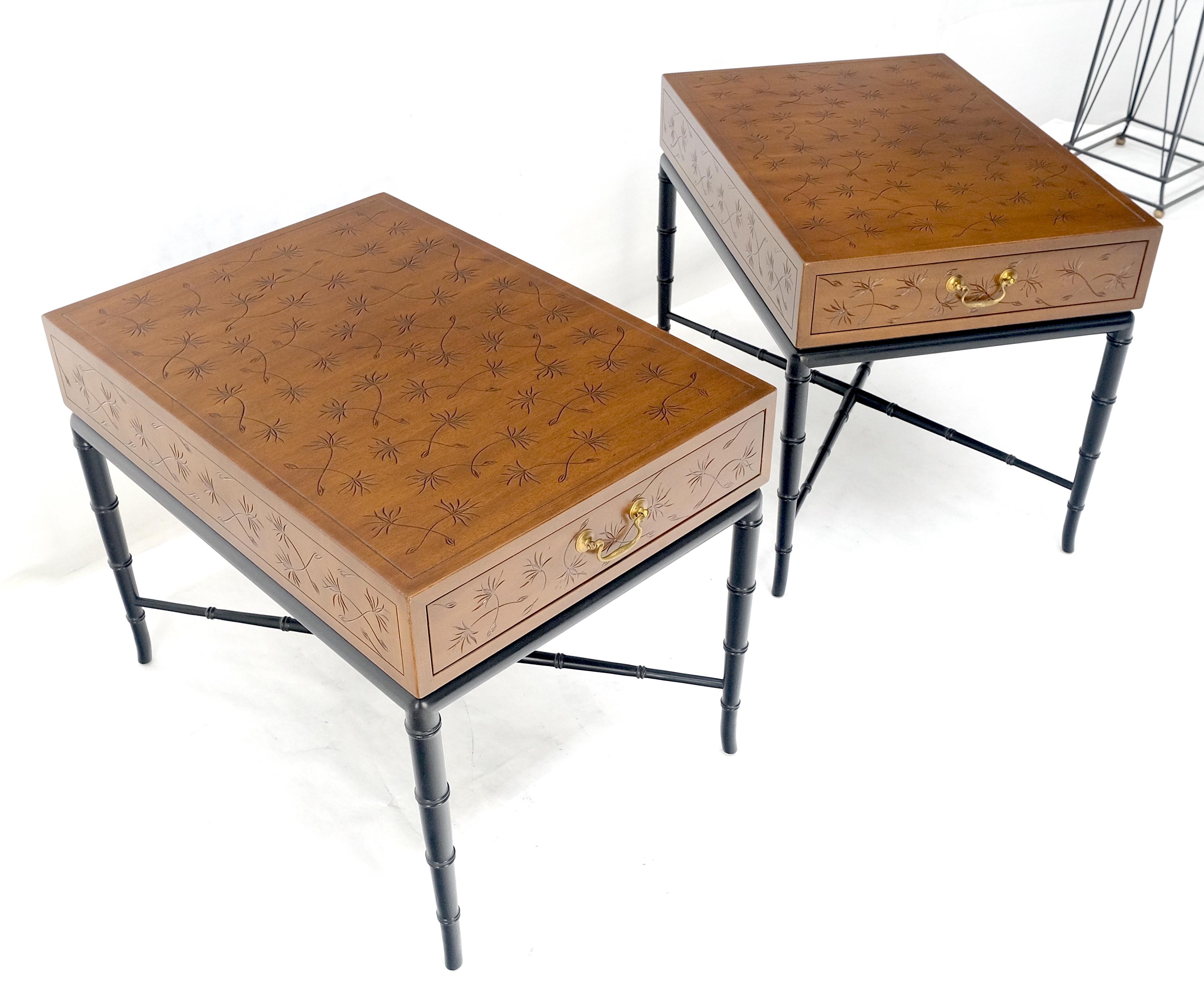 Pair of Kittinger Faux Bamboo Tapered Horn Shape Legs One Drawer End Tables MINT For Sale 9