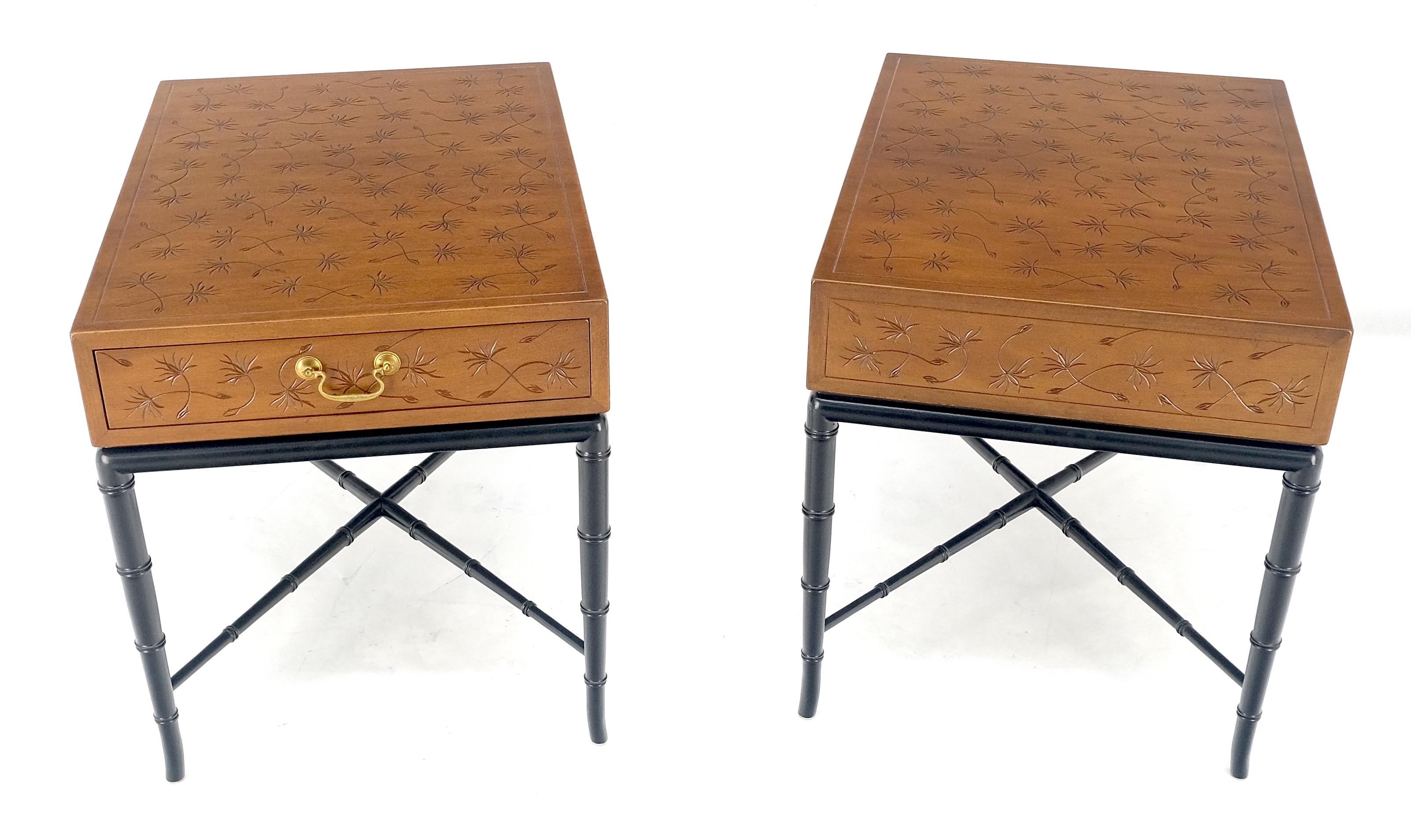Pair of Kittinger Faux Bamboo Tapered Horn Shape Legs One Drawer End Tables MINT For Sale 11
