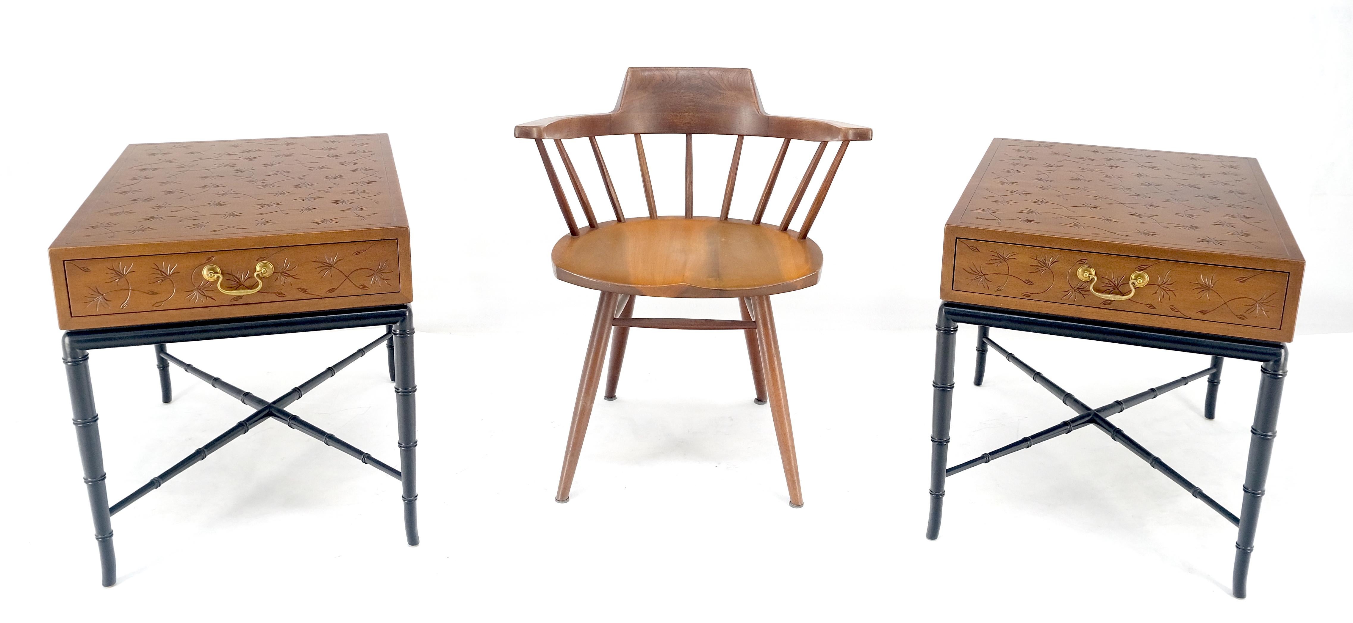 Mid-Century Modern Pair of Kittinger Faux Bamboo Tapered Horn Shape Legs One Drawer End Tables MINT For Sale