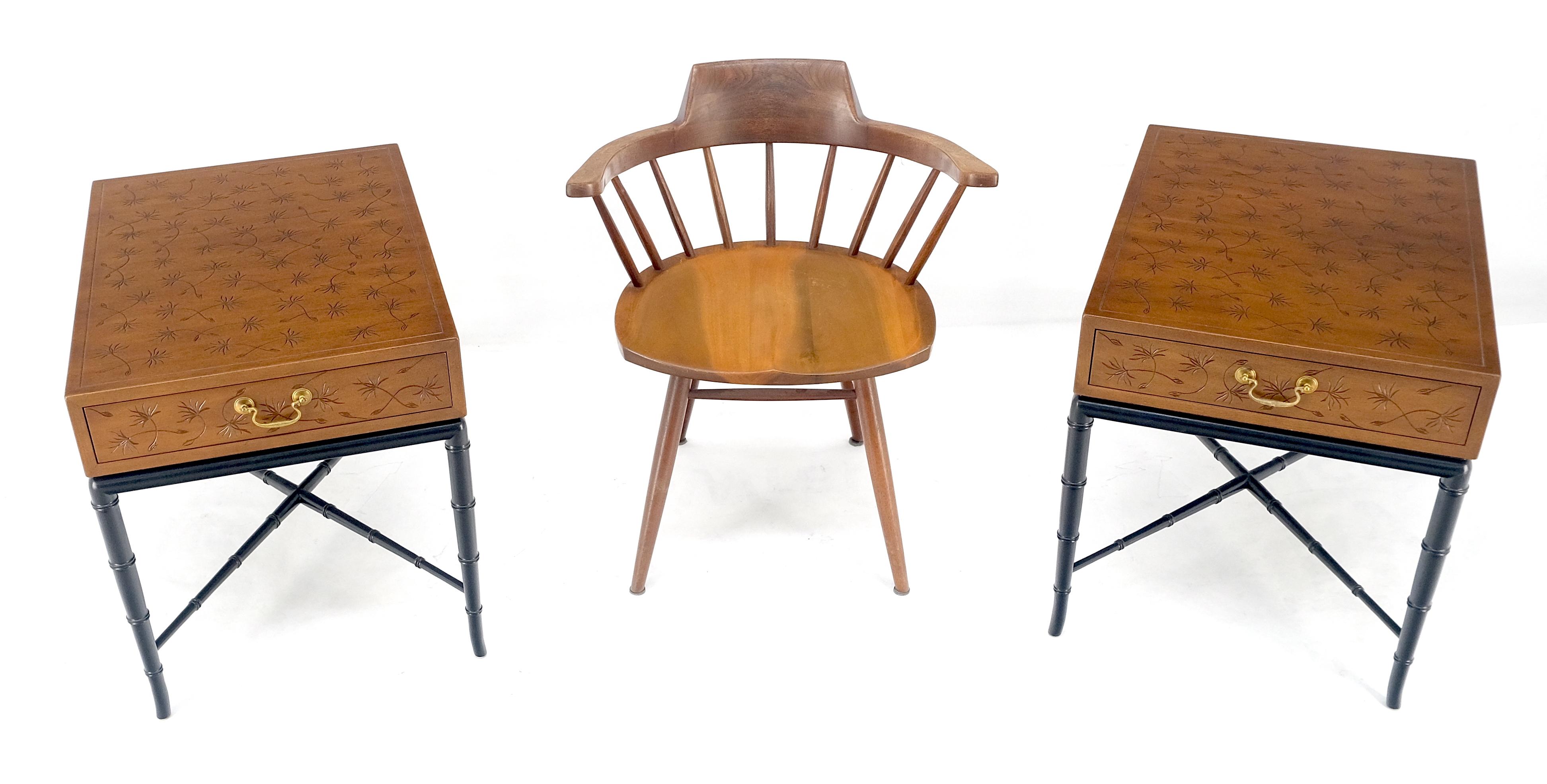American Pair of Kittinger Faux Bamboo Tapered Horn Shape Legs One Drawer End Tables MINT For Sale