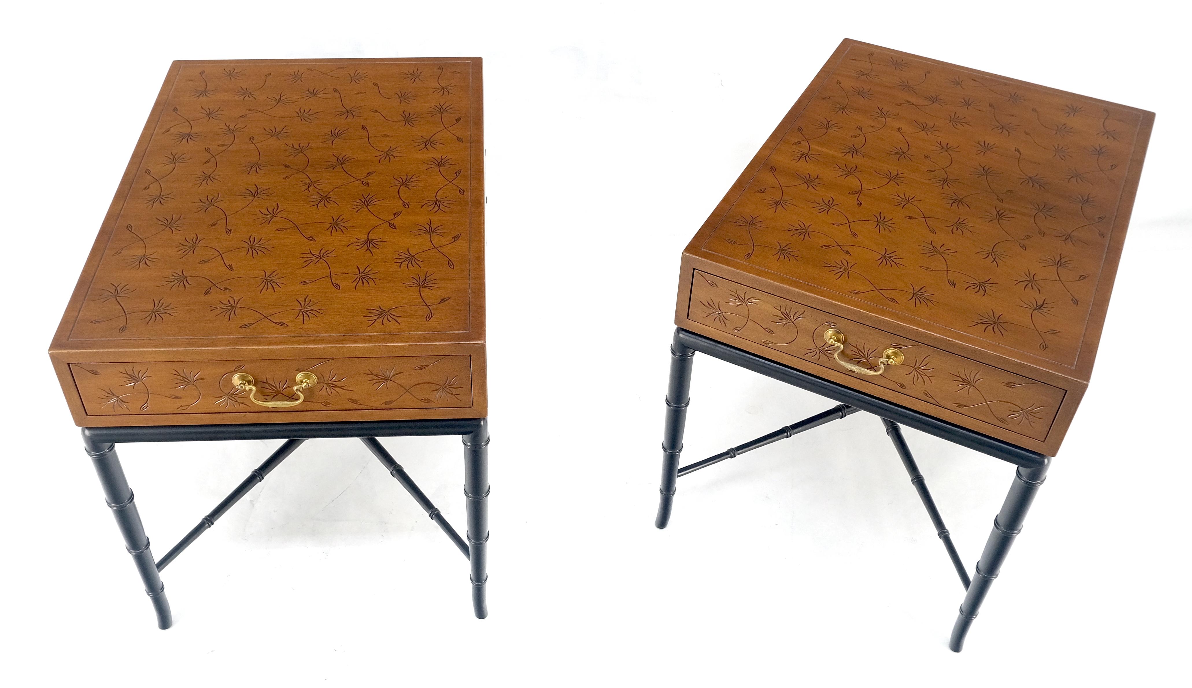 Pair of Kittinger Faux Bamboo Tapered Horn Shape Legs One Drawer End Tables MINT In Excellent Condition For Sale In Rockaway, NJ