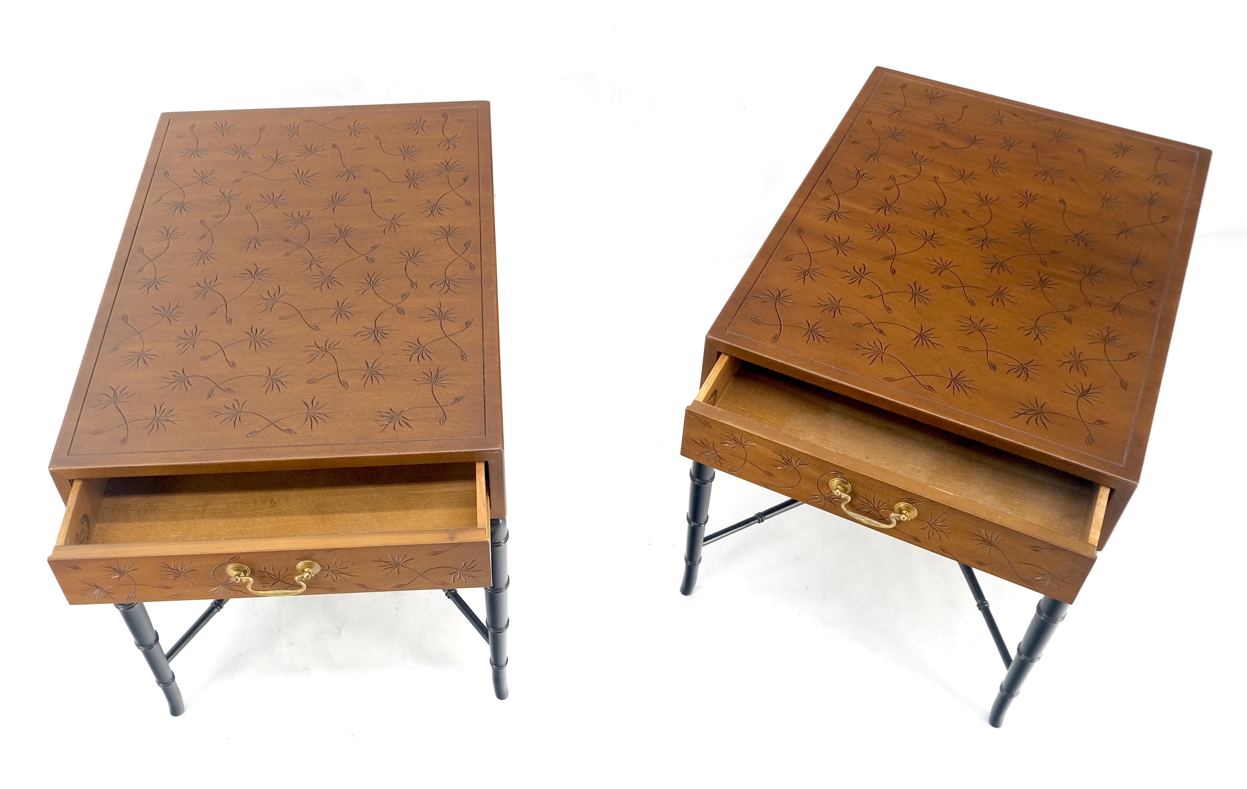 20th Century Pair of Kittinger Faux Bamboo Tapered Horn Shape Legs One Drawer End Tables MINT For Sale