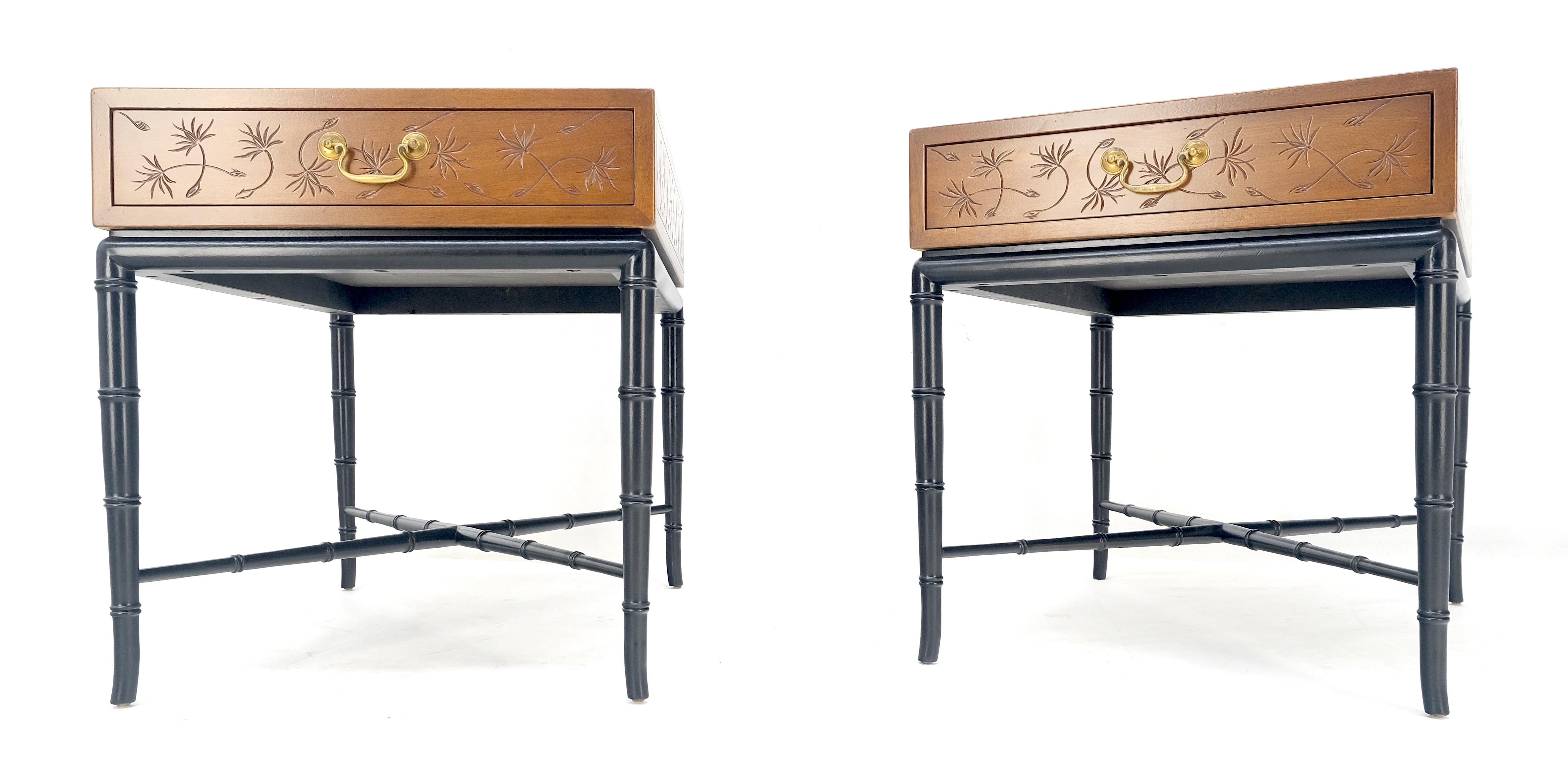 Brass Pair of Kittinger Faux Bamboo Tapered Horn Shape Legs One Drawer End Tables MINT For Sale