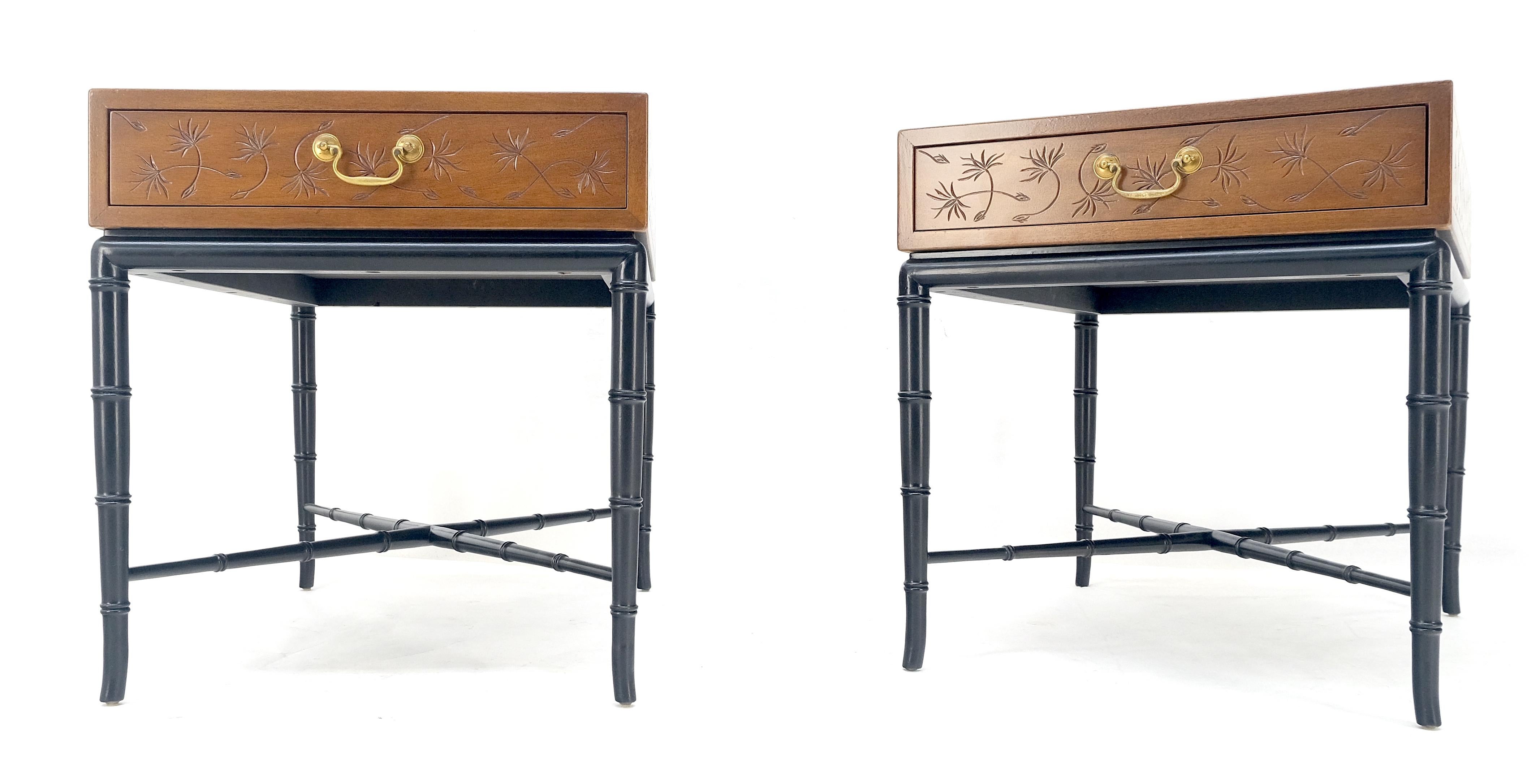 Pair of Kittinger Faux Bamboo Tapered Horn Shape Legs One Drawer End Tables MINT For Sale 1