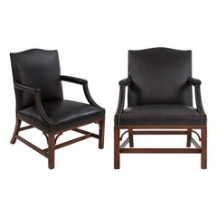 Pair of Kittinger Mahogany and Black Leather CW14 Open-Arm Chairs