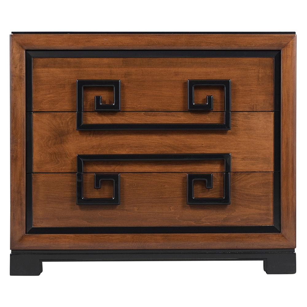 This matching pair of dressers by Kittinger is in great condition, features greek key handles, and is finished in mahogany and ebonized color with a laquered finish. The chests come with three drawers that open and close with ease, offer plenty of
