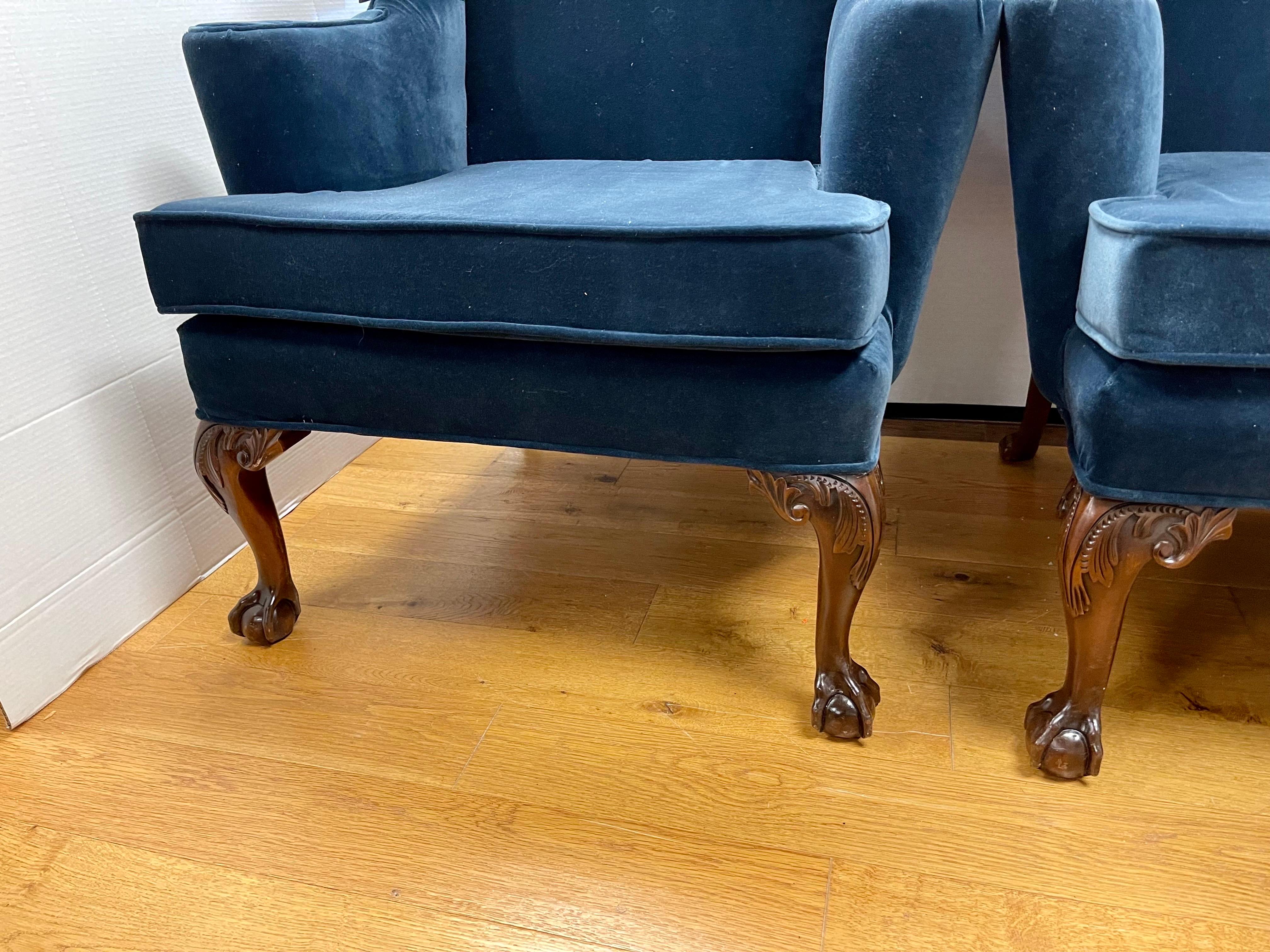 Pair of Kittinger Newly Upholstered Navy Blue Velvet Georgian Wingback Chairs 1