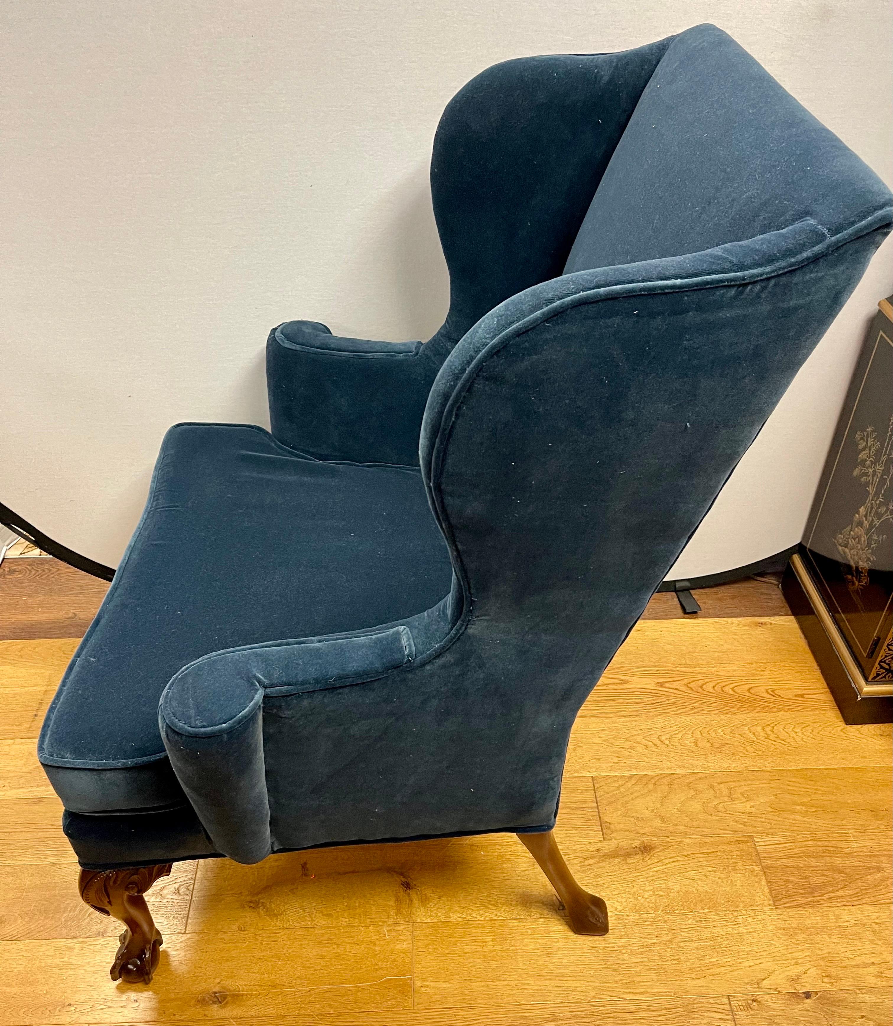 Pair of Kittinger Newly Upholstered Navy Blue Velvet Georgian Wingback Chairs 3
