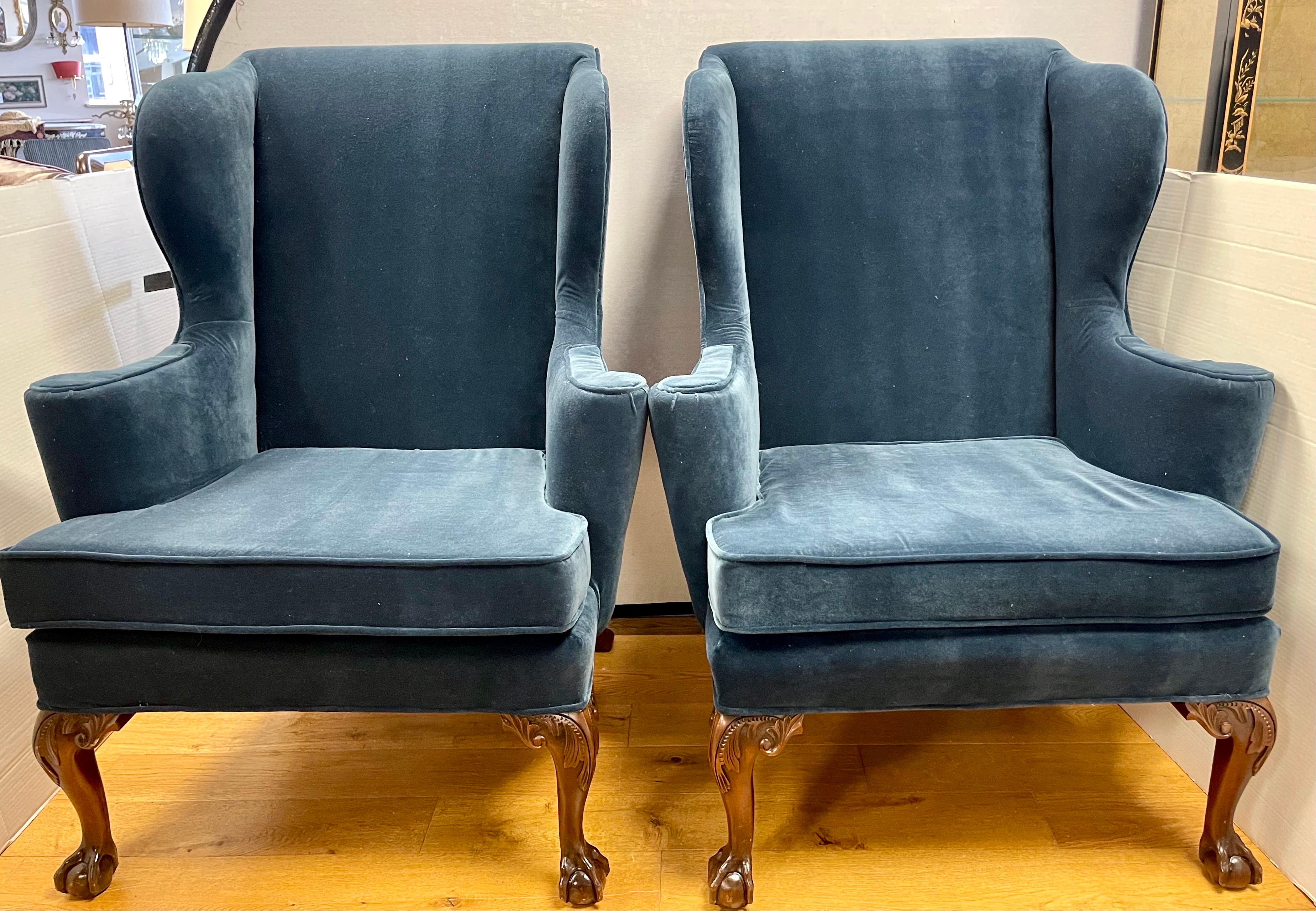 American Pair of Kittinger Newly Upholstered Navy Blue Velvet Georgian Wingback Chairs