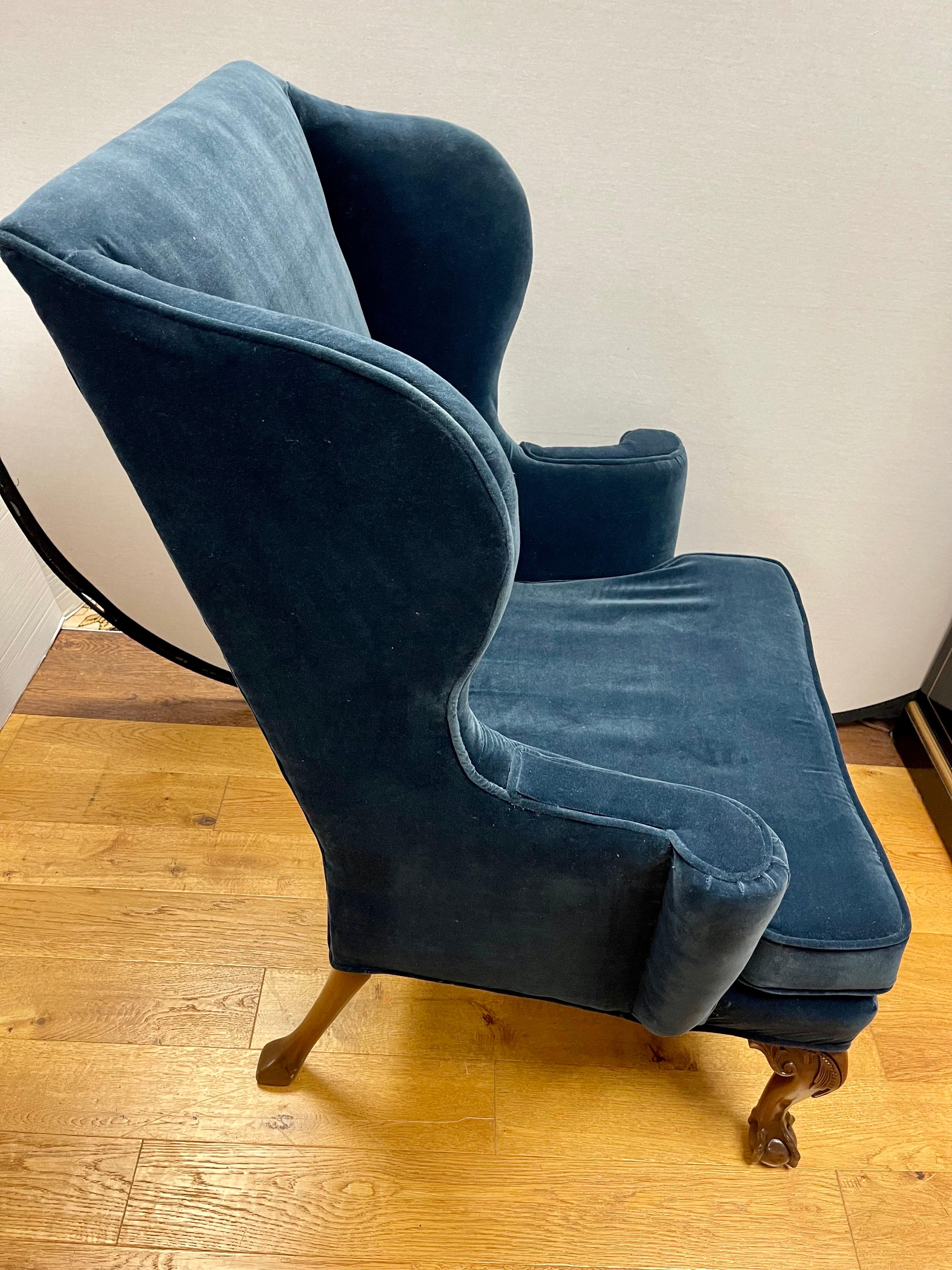 Late 20th Century Pair of Kittinger Newly Upholstered Navy Blue Velvet Georgian Wingback Chairs