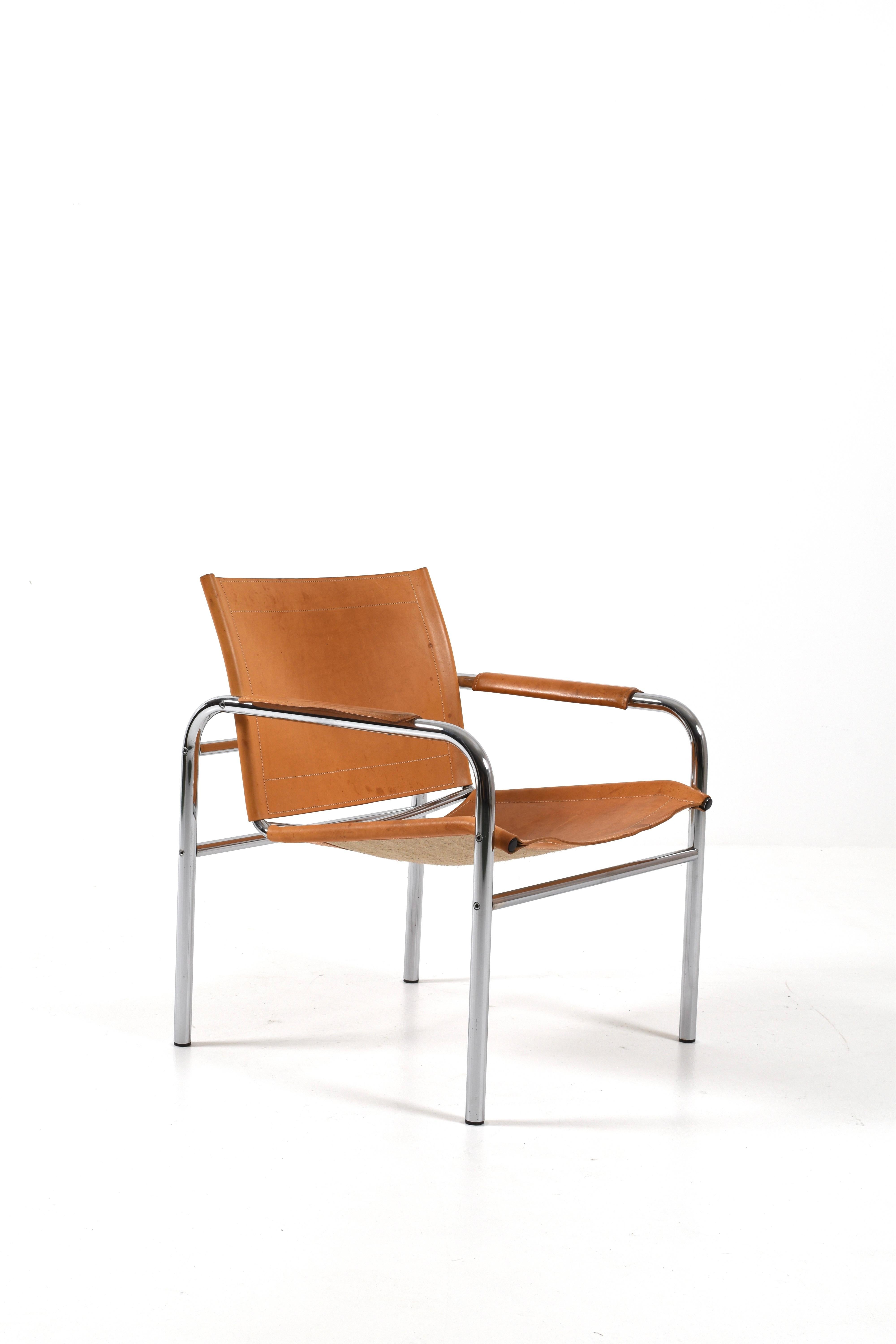 Pair of Klinte Easy Chairs Tord Björklund, Patinated Cognac Leather, Sweden, 80s in vendita 12