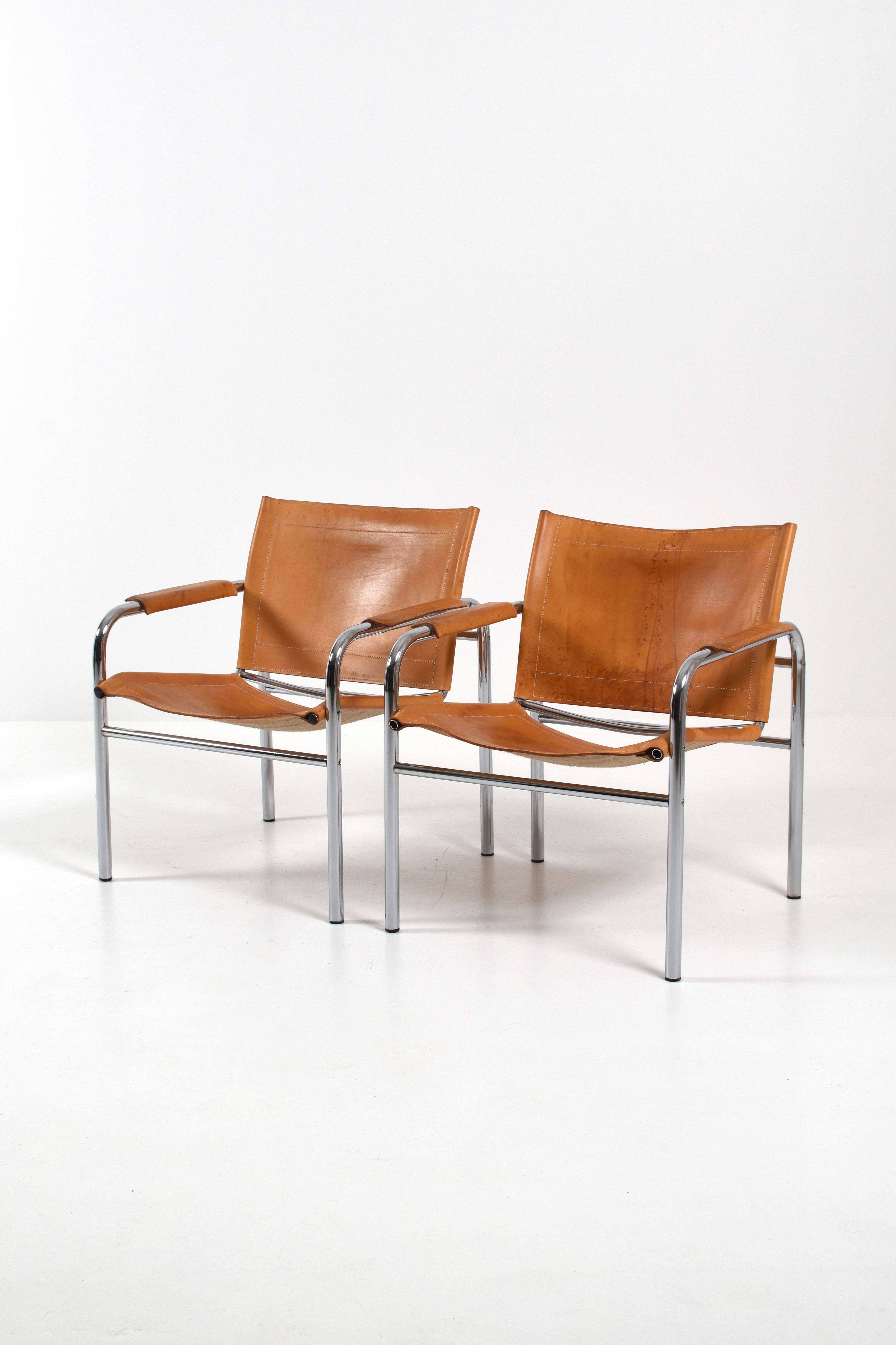 Fine XX secolo Pair of Klinte Easy Chairs Tord Björklund, Patinated Cognac Leather, Sweden, 80s in vendita