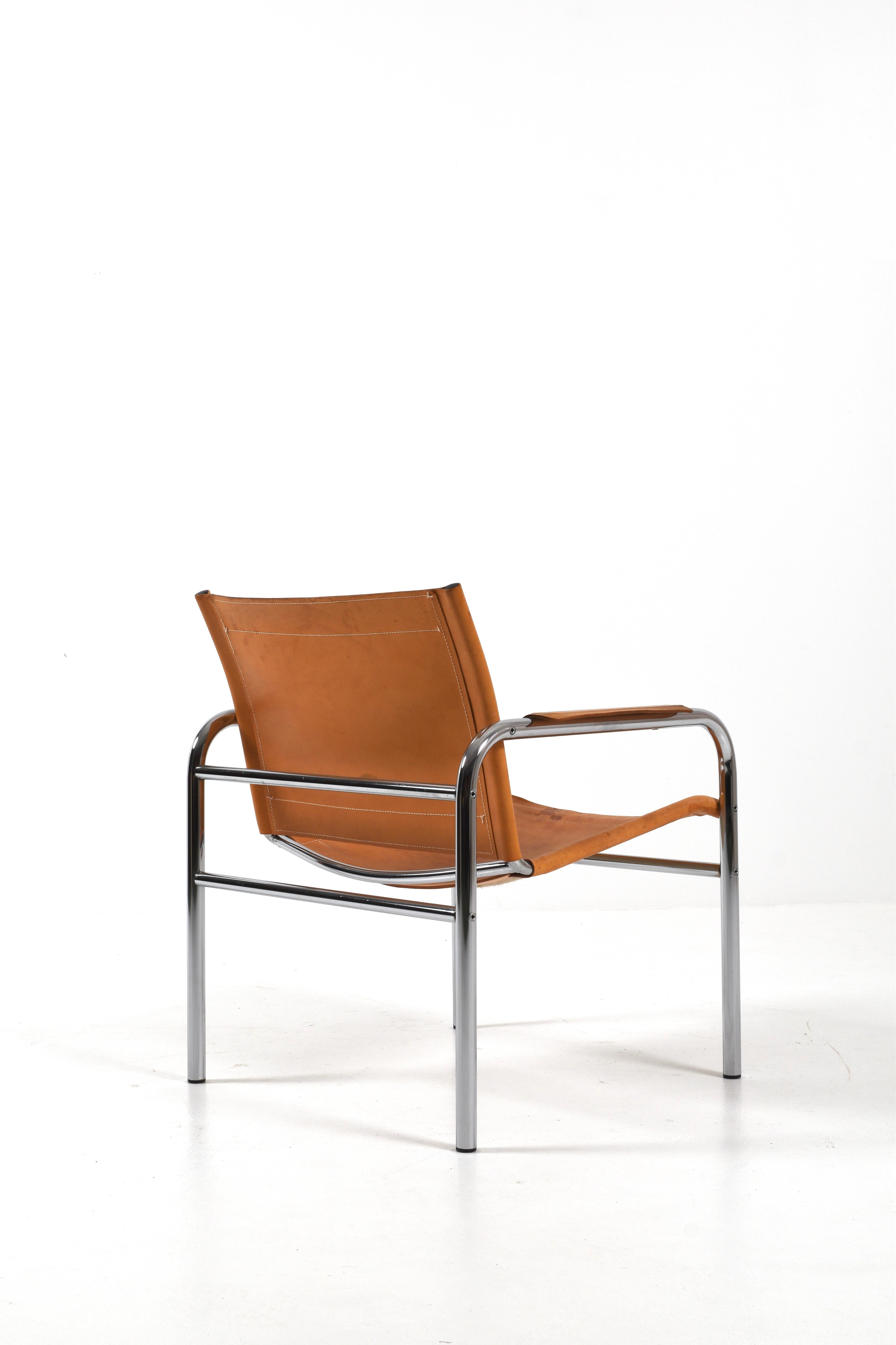 Pelle Pair of Klinte Easy Chairs Tord Björklund, Patinated Cognac Leather, Sweden, 80s in vendita