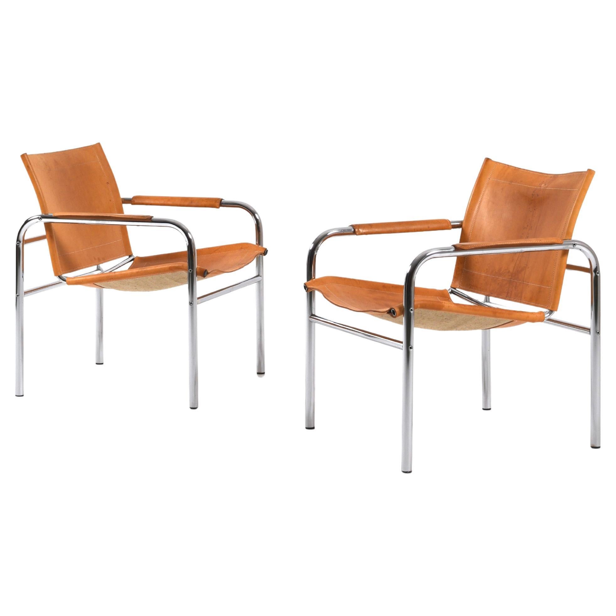 Pair of Klinte Easy Chairs Tord Björklund, Patinated Cognac Leather, Sweden, 80s in vendita