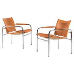 Pair of Klinte Easy Chairs Tord Björklund, Patinated Cognac Leather, Sweden, 80s