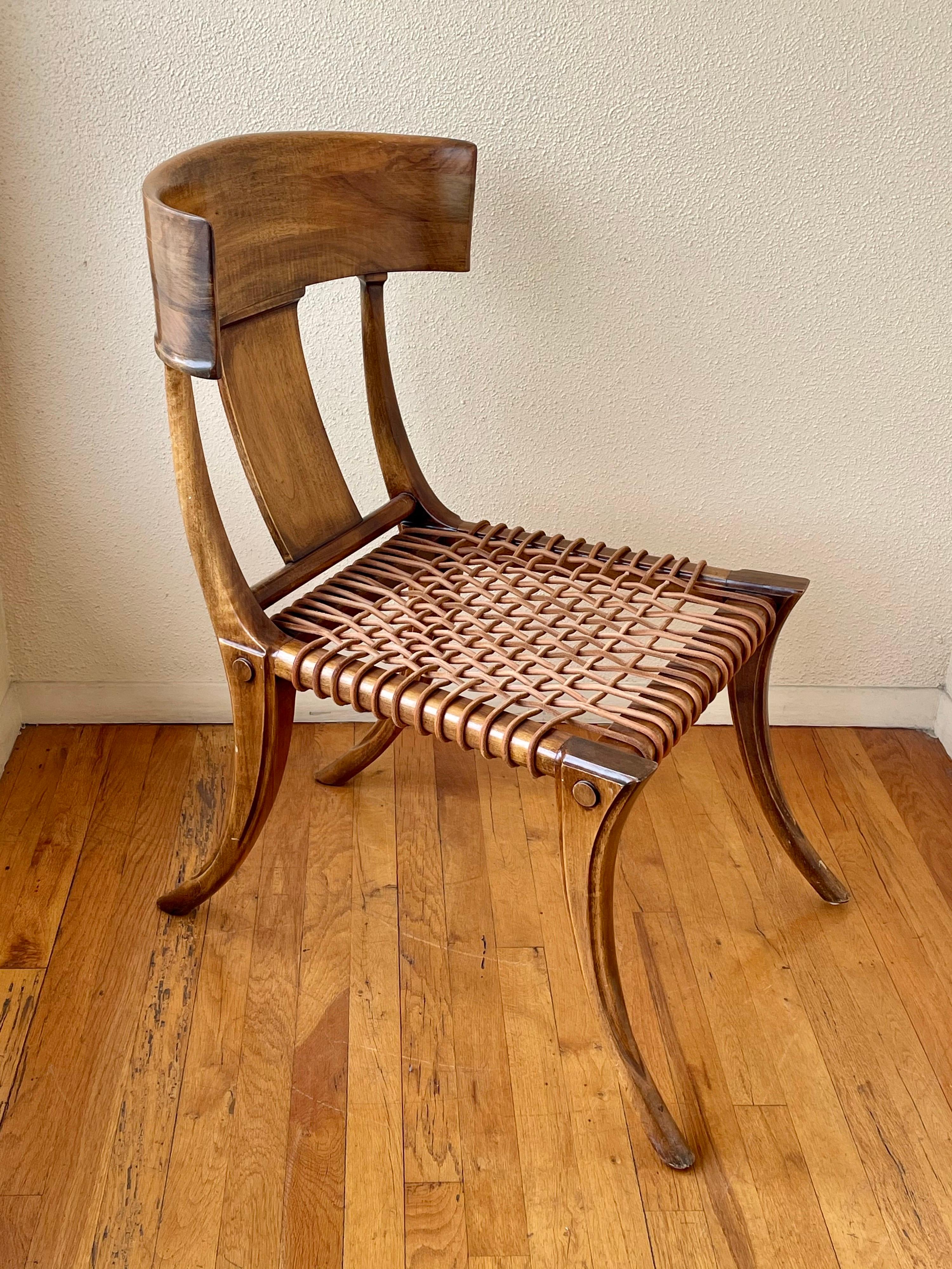 Mid-Century Modern Pair of Klismos Chairs in Walnut Frames with Leather Straps