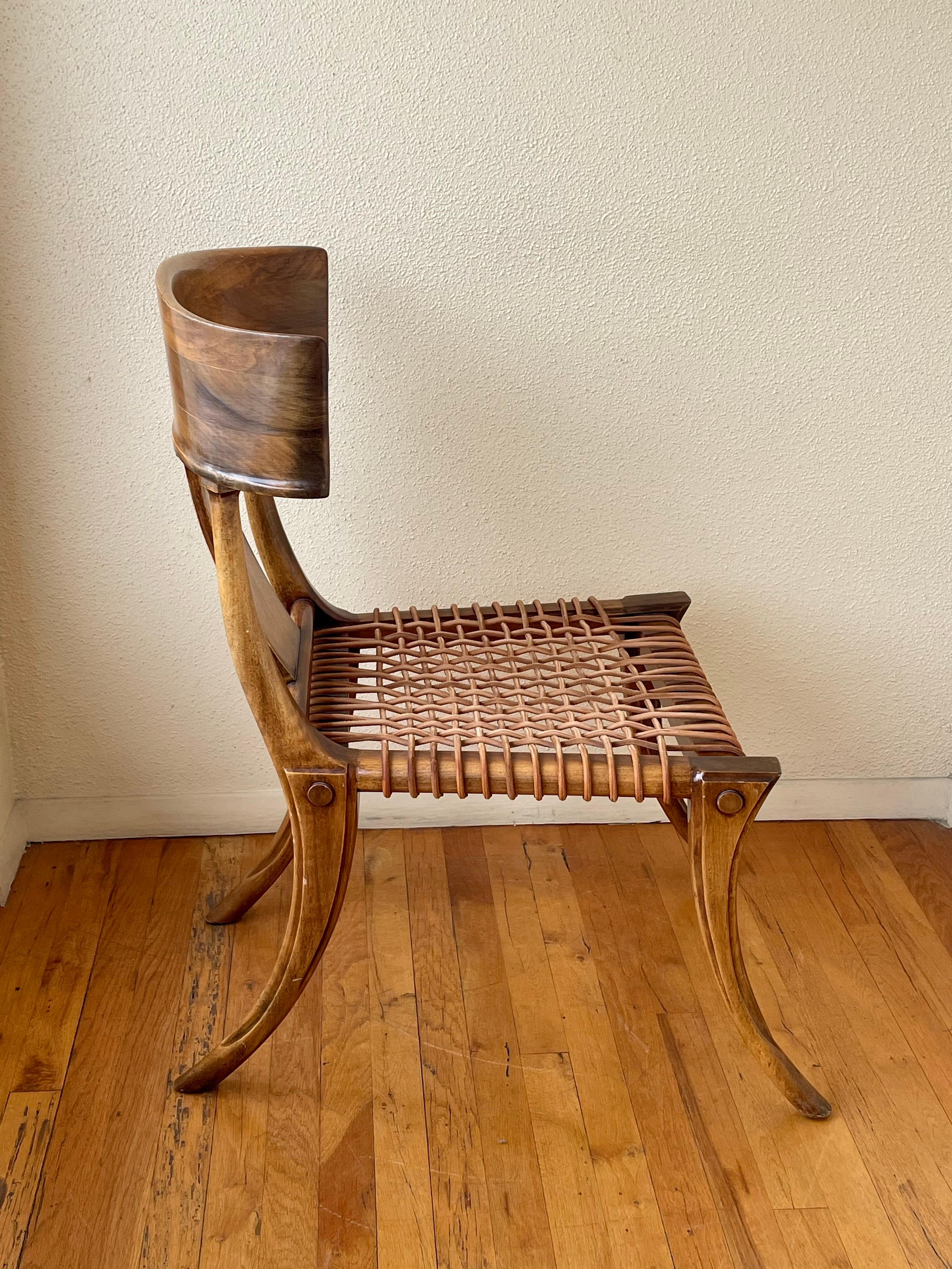 American Pair of Klismos Chairs in Walnut Frames with Leather Straps