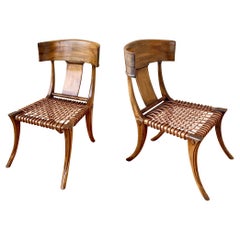 Pair of Klismos Chairs in Walnut Frames with Leather Straps