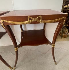 Pair of Klismos Leg Side Tables, Tooled Leather & Gilt Wood Swags