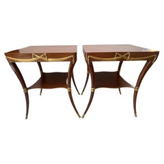 Pair of Klismos Leg Side Tables, Tooled Leather & Gilt Wood Swags