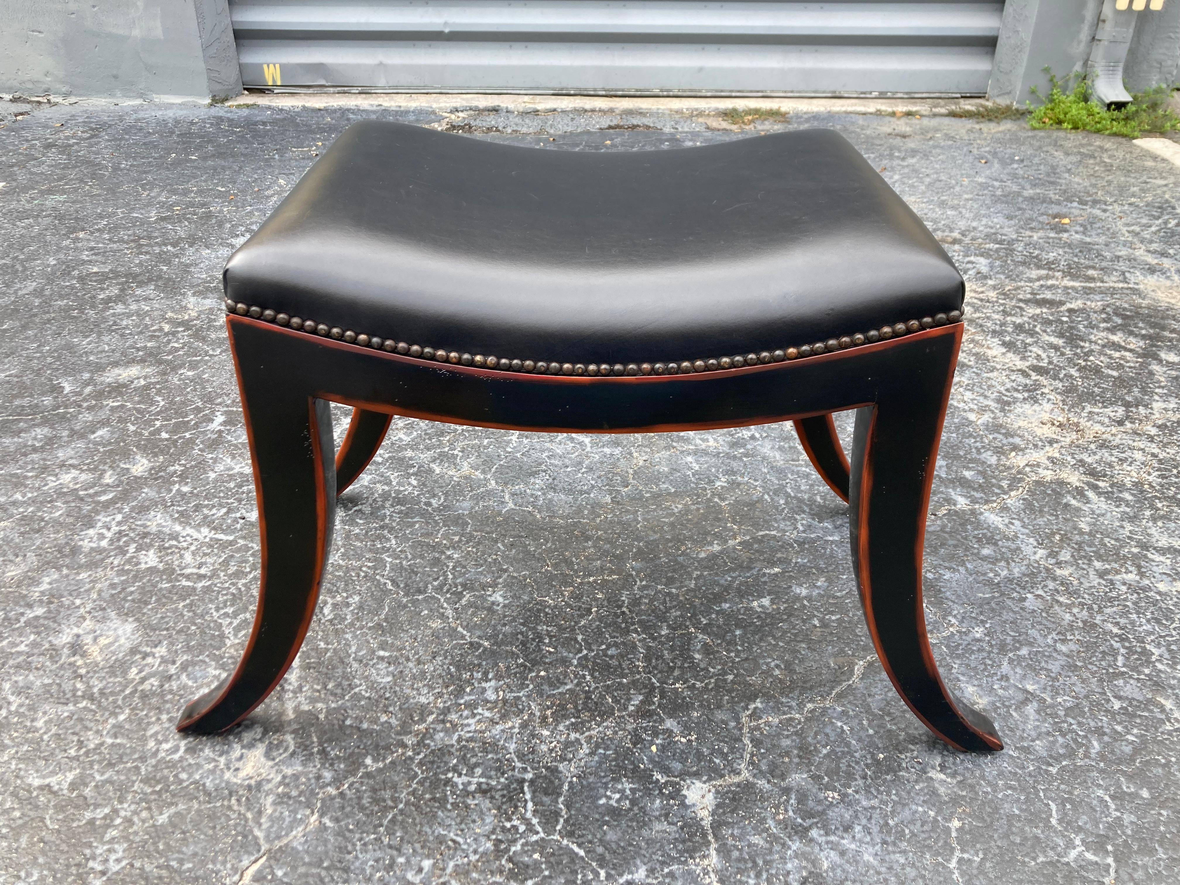 Pair of Klismos Stools, Ottoman, Black Leather In Good Condition For Sale In Miami, FL