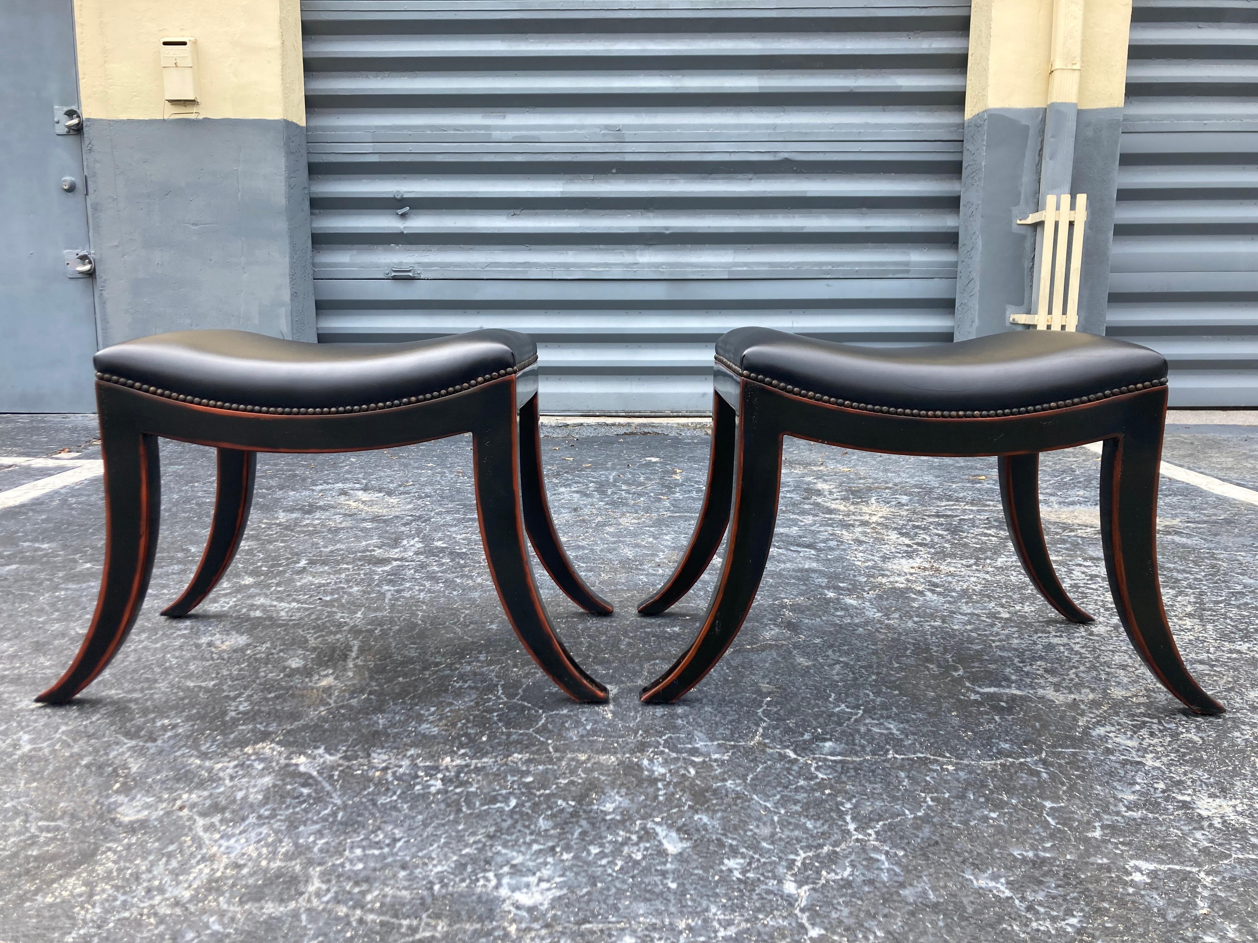 Late 20th Century Pair of Klismos Stools, Ottoman, Black Leather For Sale