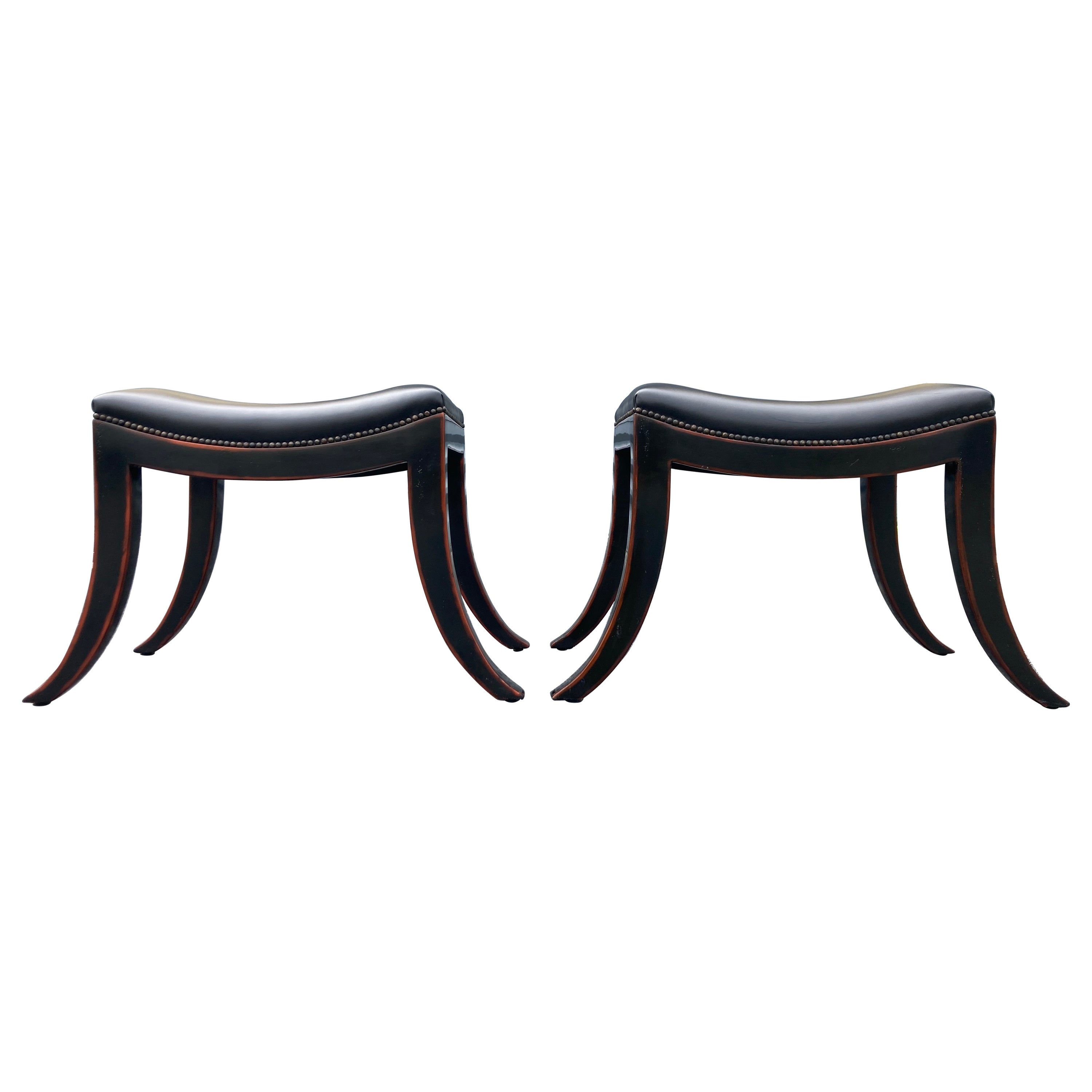 Pair of Klismos Stools, Ottoman, Black Leather
