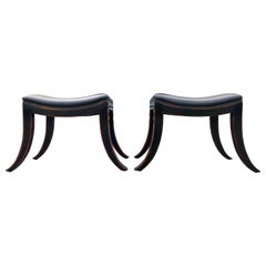 Pair of Klismos Stools, Ottoman, Black Leather