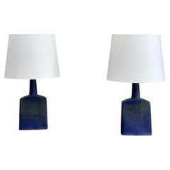 Navy blue, green glazed pair of Knapstrup stoneware table lamps Denmark 1960s.